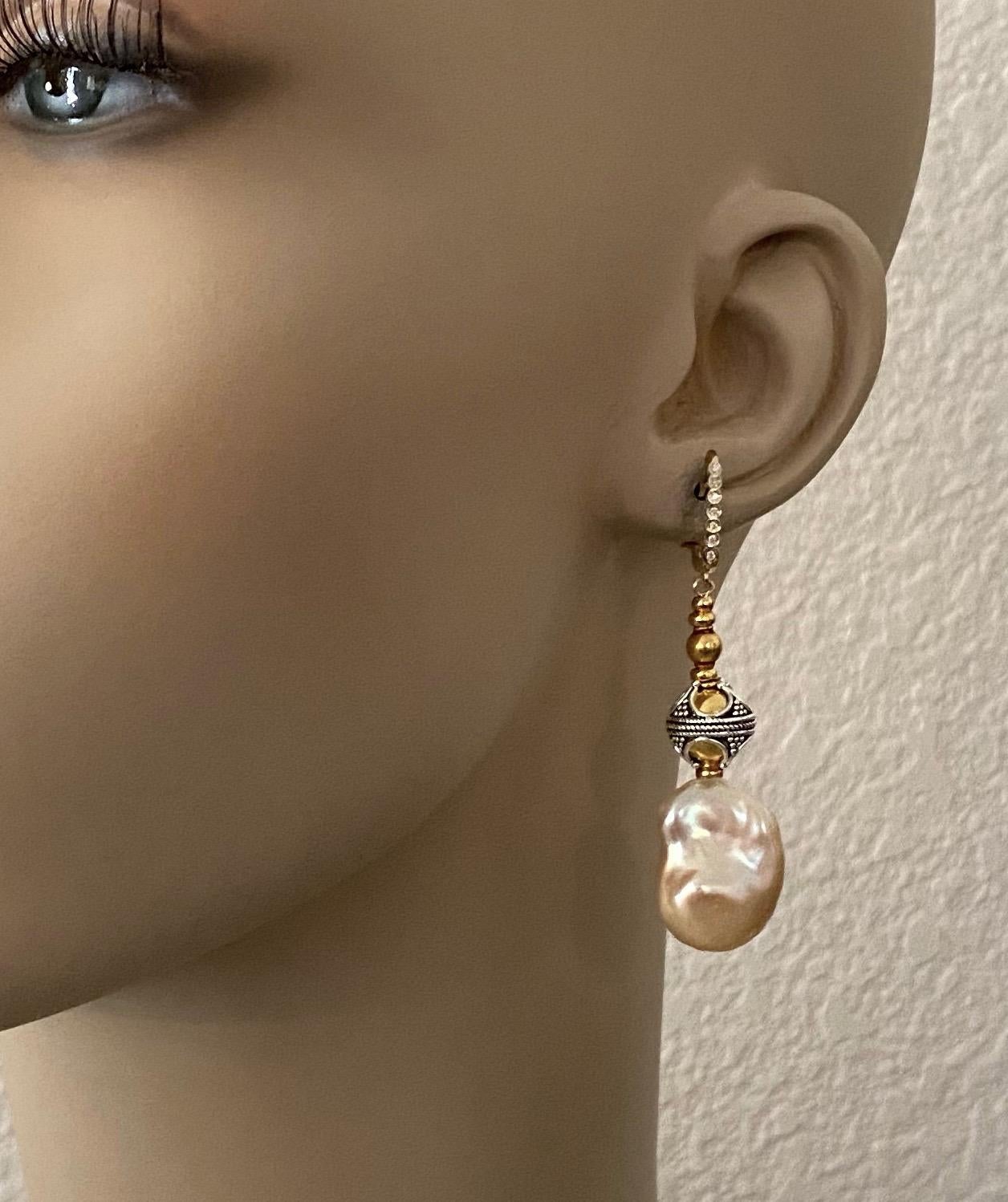 Michael Kneebone Baroque Pearl Diamond Granulated Bead Dangle Earrings For Sale 1