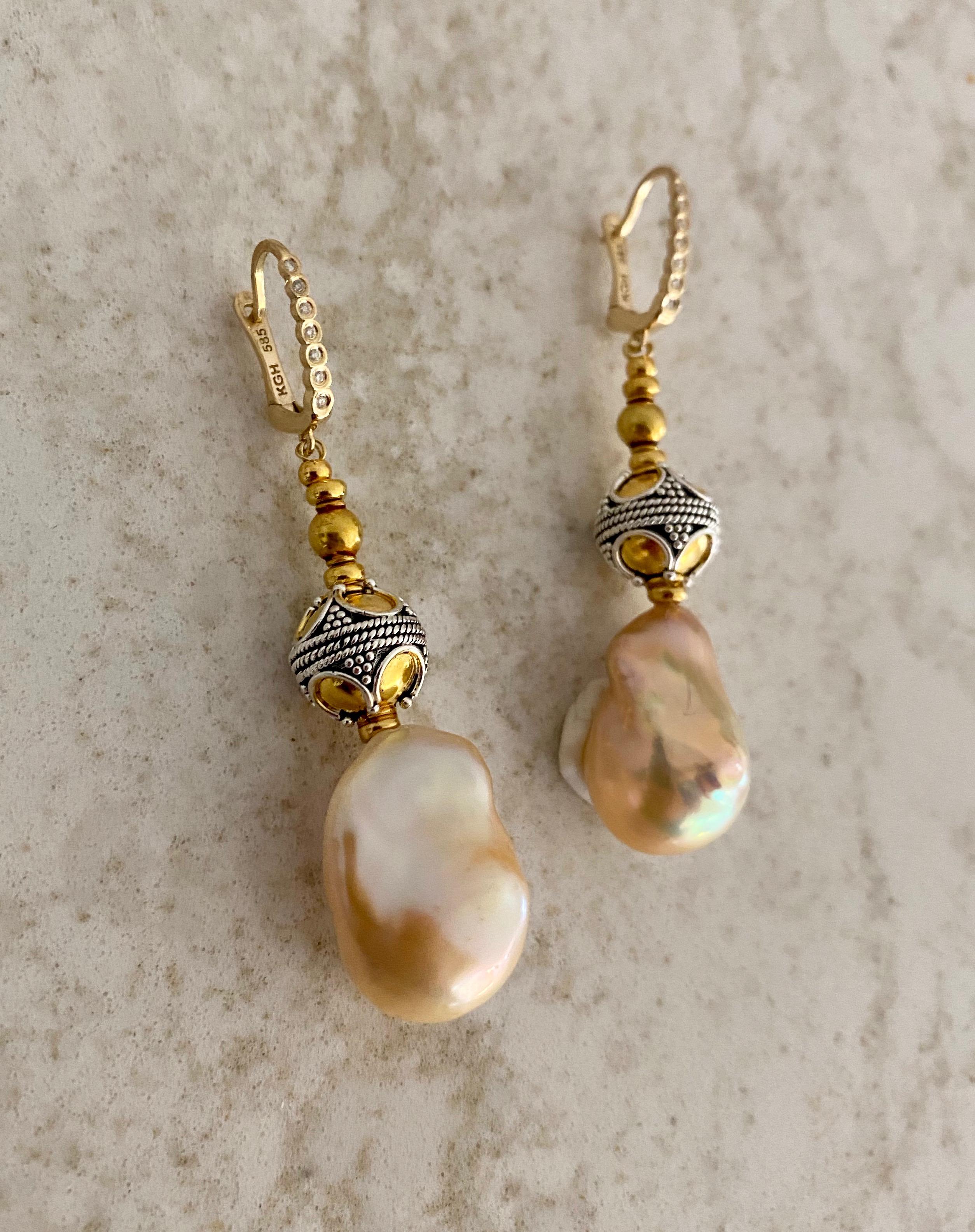 Michael Kneebone Baroque Pearl Diamond Granulated Bead Dangle Earrings For Sale 3