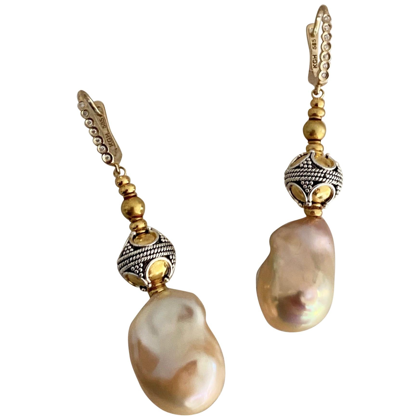 Michael Kneebone Baroque Pearl Diamond Granulated Bead Dangle Earrings For Sale