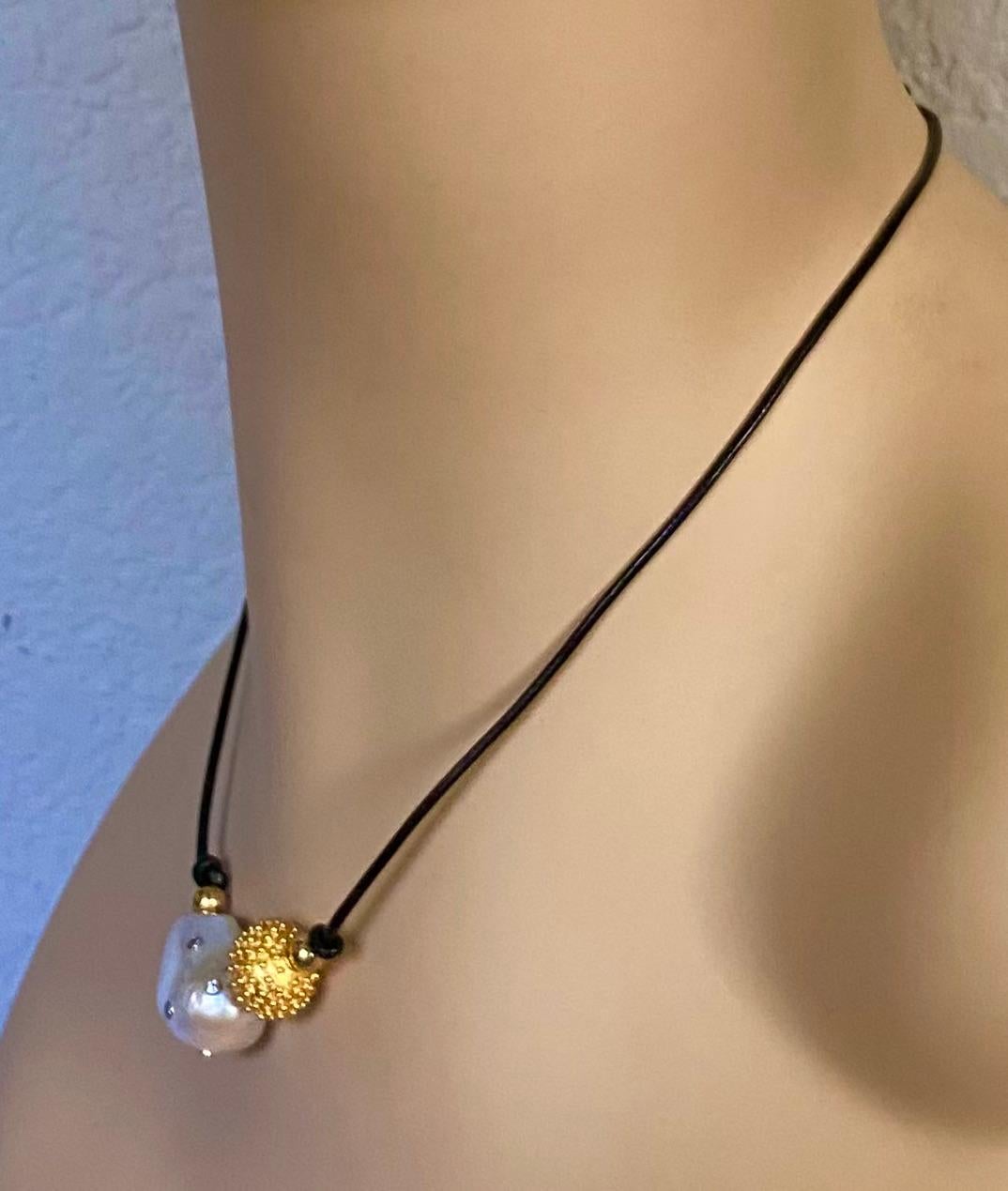 Brilliant Cut Michael Kneebone Baroque Pearl Diamond Granulated Bead Leather Necklace