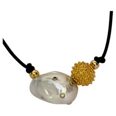 Michael Kneebone Baroque Pearl Diamond Granulated Bead Leather Necklace
