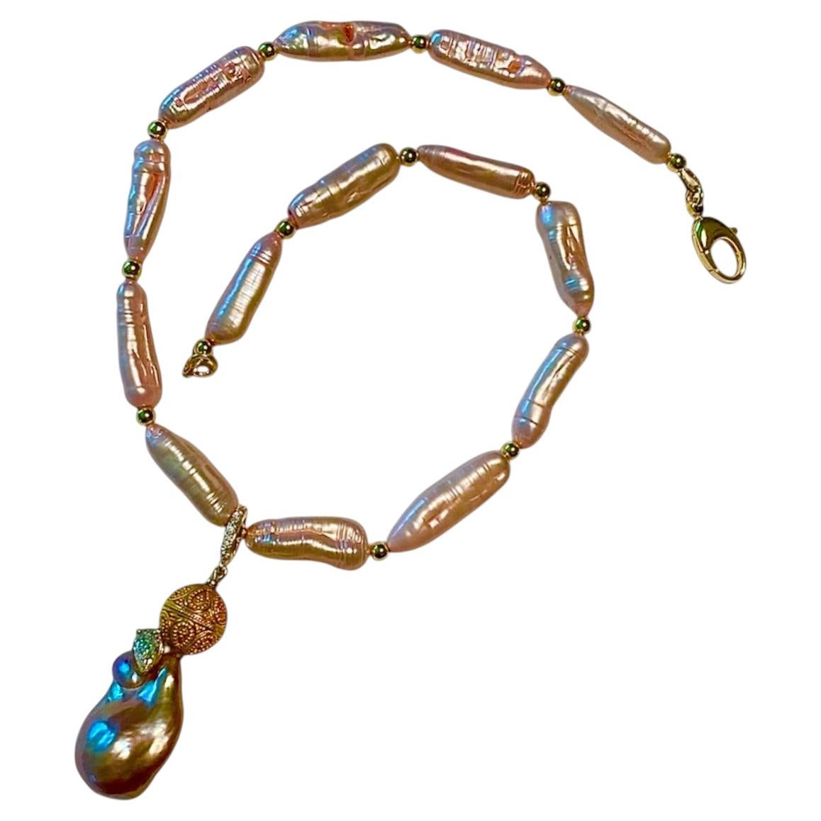 Michael Kneebone Baroque Pearl Moissanite Diamond Granulated Bead Necklace