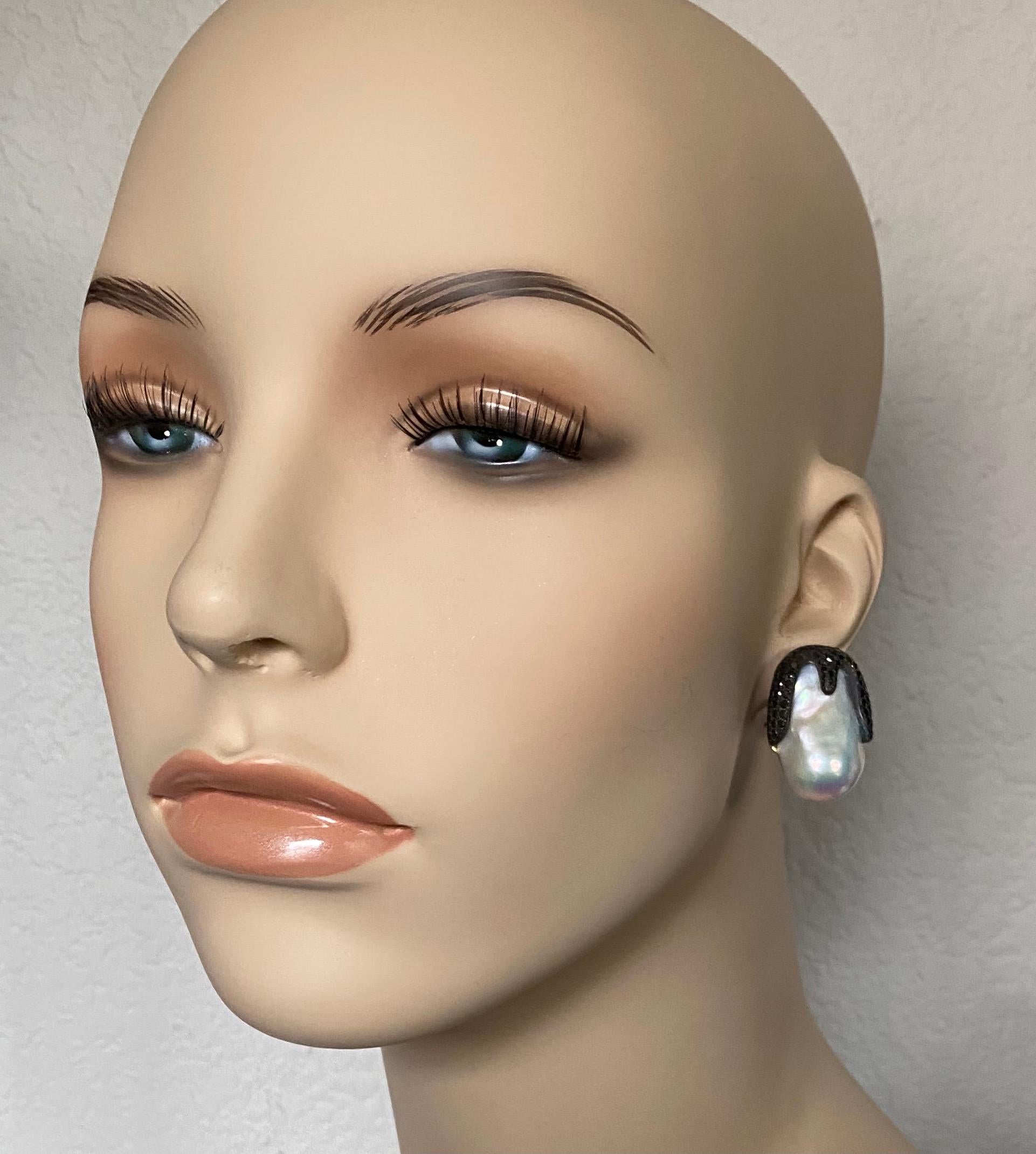 Michael Kneebone Baroque Pearl Pave Black Diamond Aqueous Drop Earrings For Sale 4
