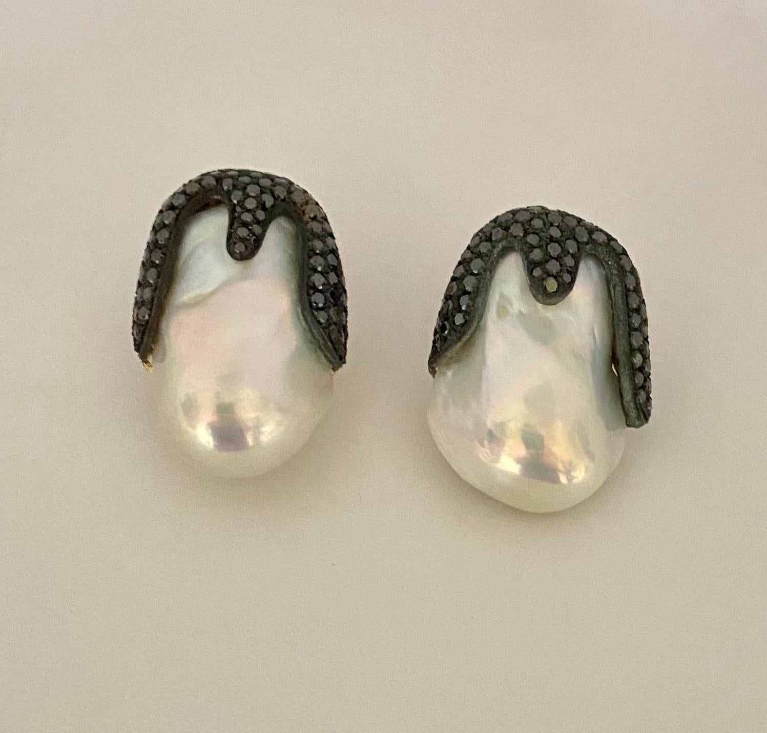Contemporary Michael Kneebone Baroque Pearl Pave Black Diamond Aqueous Drop Earrings For Sale