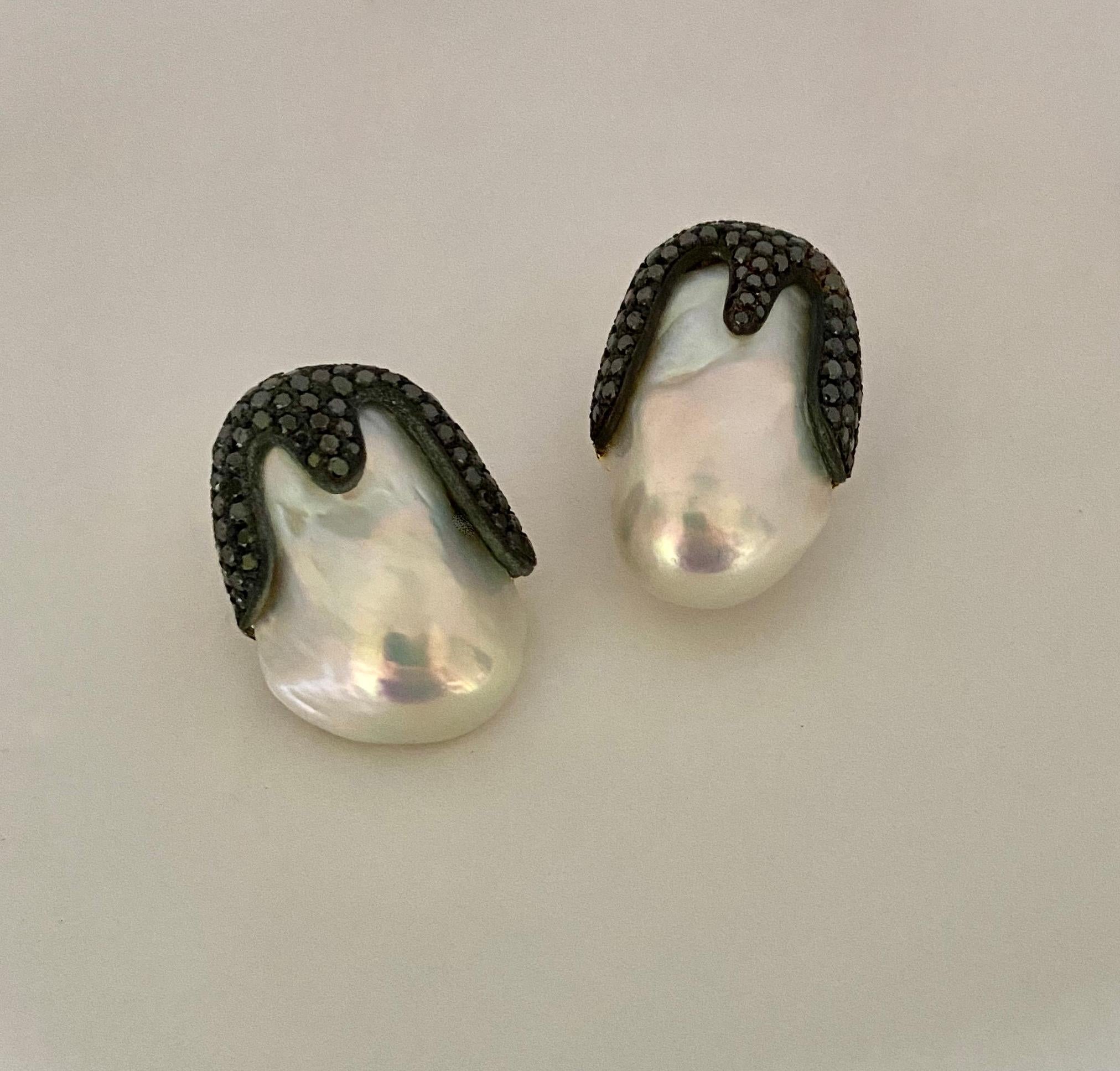 Michael Kneebone Baroque Pearl Pave Black Diamond Aqueous Drop Earrings In New Condition For Sale In Austin, TX