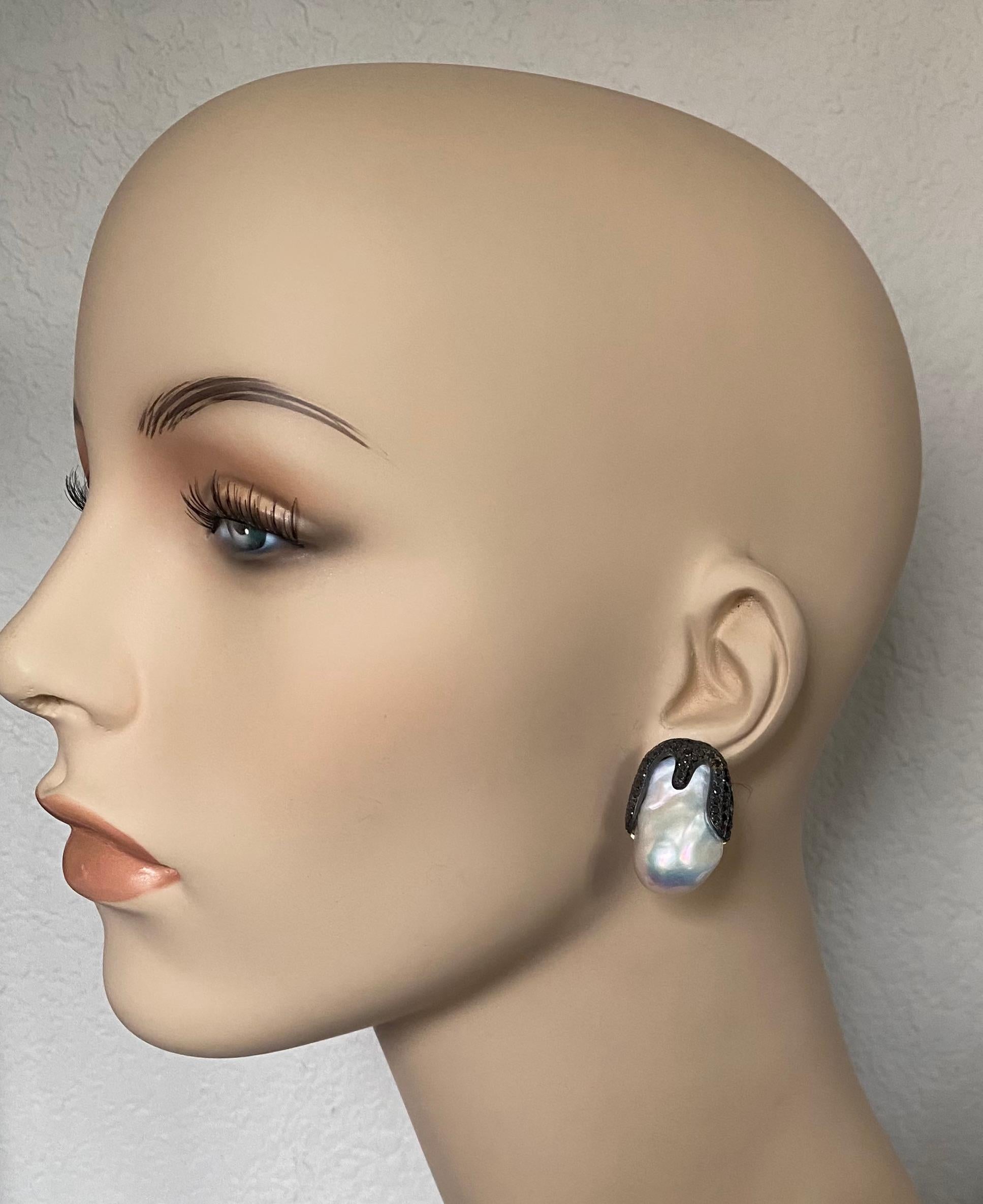 Women's Michael Kneebone Baroque Pearl Pave Black Diamond Aqueous Drop Earrings For Sale