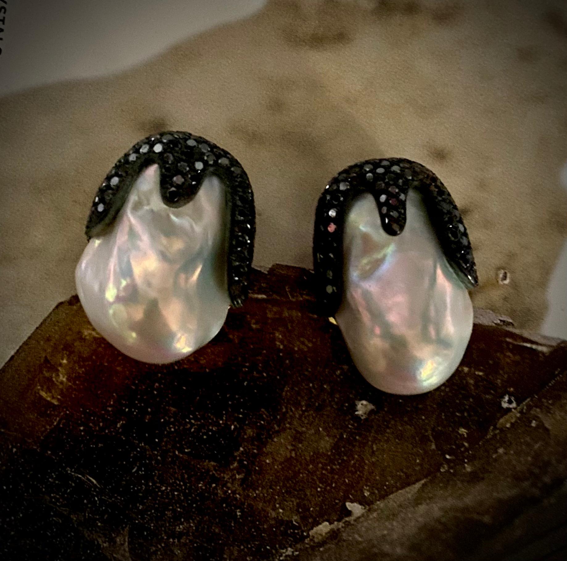 Michael Kneebone Baroque Pearl Pave Black Diamond Aqueous Drop Earrings For Sale 1