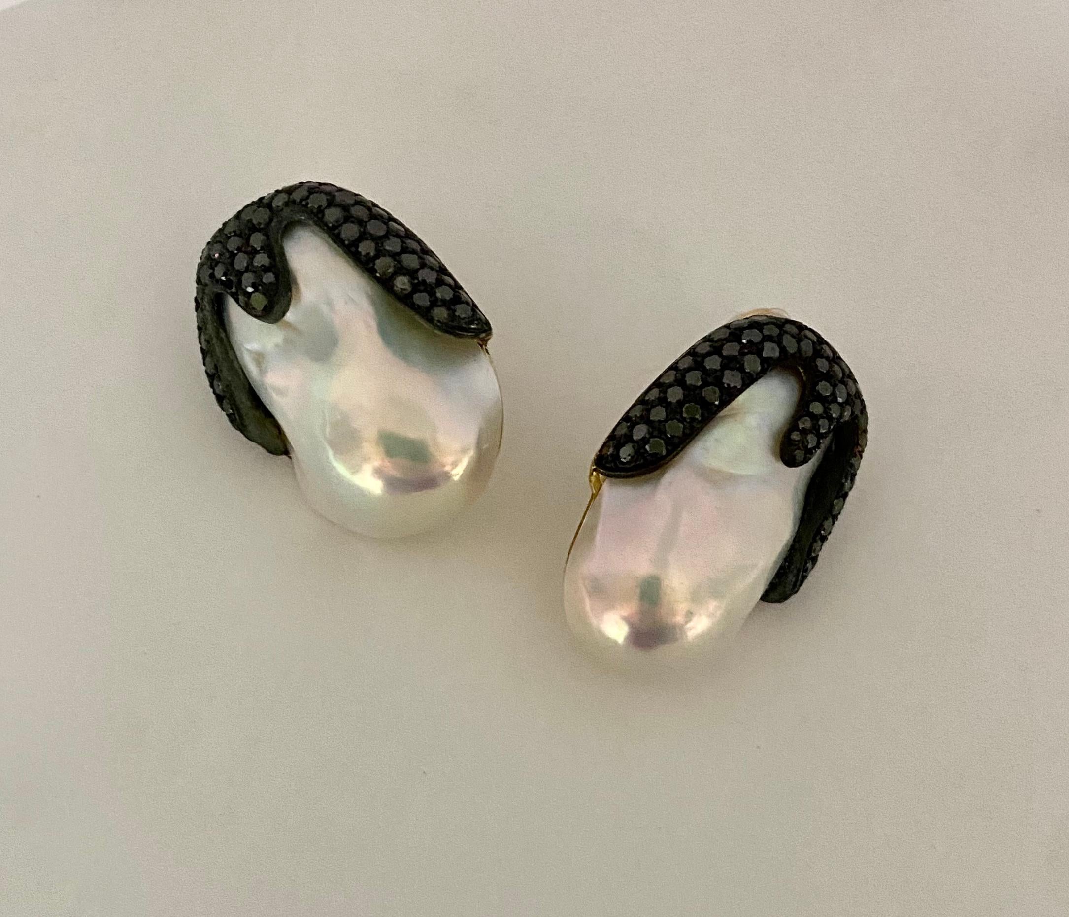 Michael Kneebone Baroque Pearl Pave Black Diamond Aqueous Drop Earrings For Sale 3
