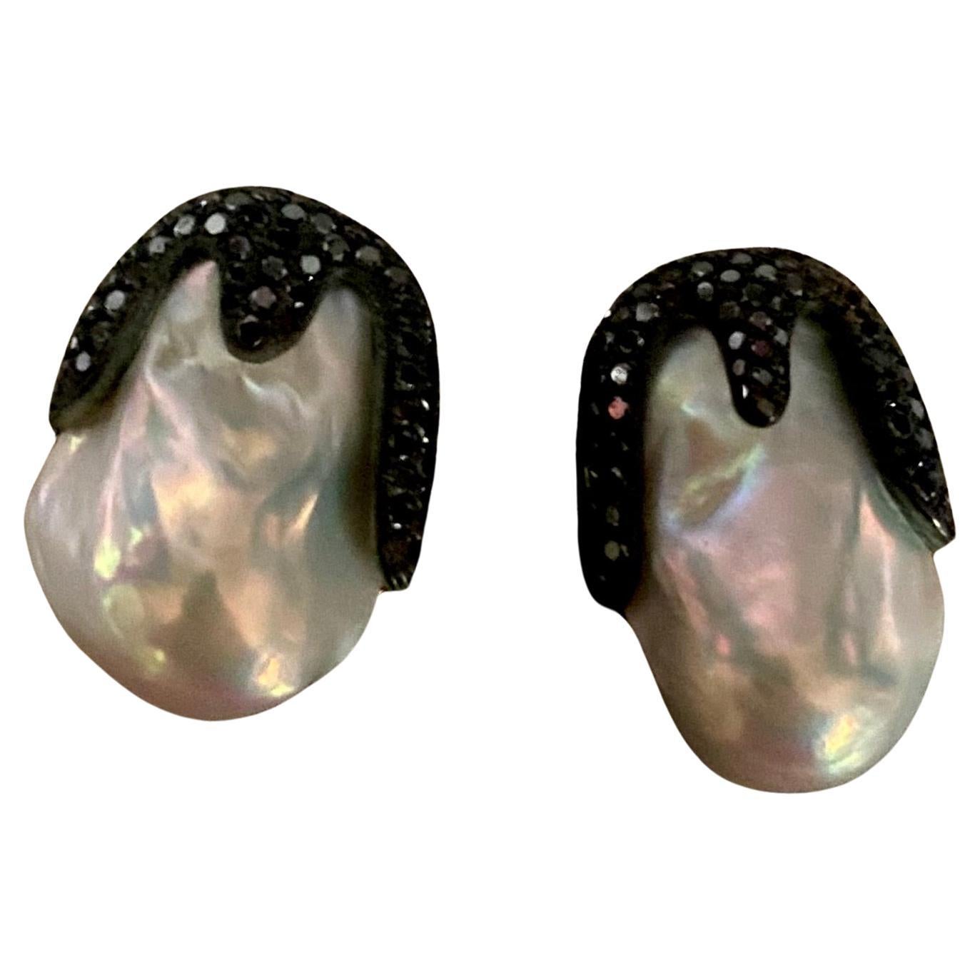 Michael Kneebone Baroque Pearl Pave Black Diamond Aqueous Drop Earrings For Sale