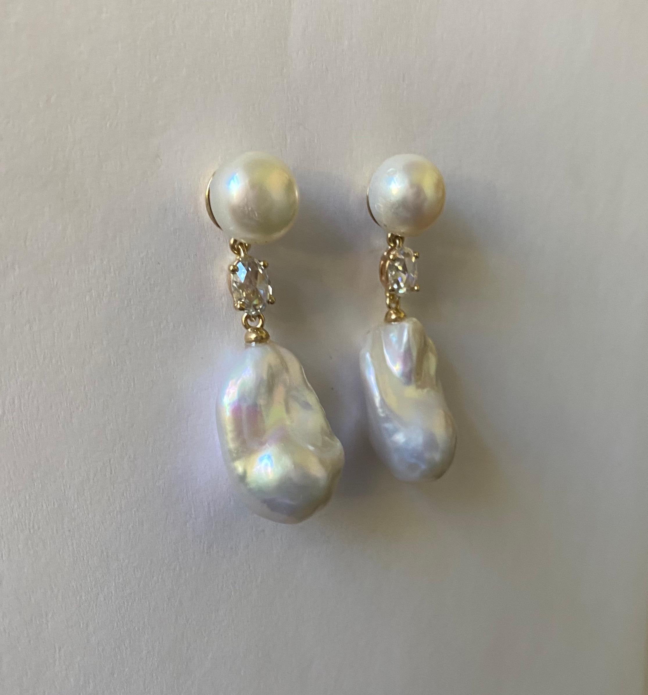 Michael Kneebone Baroque Pearl Rose Cut Diamond Dangle Earrings For Sale 5