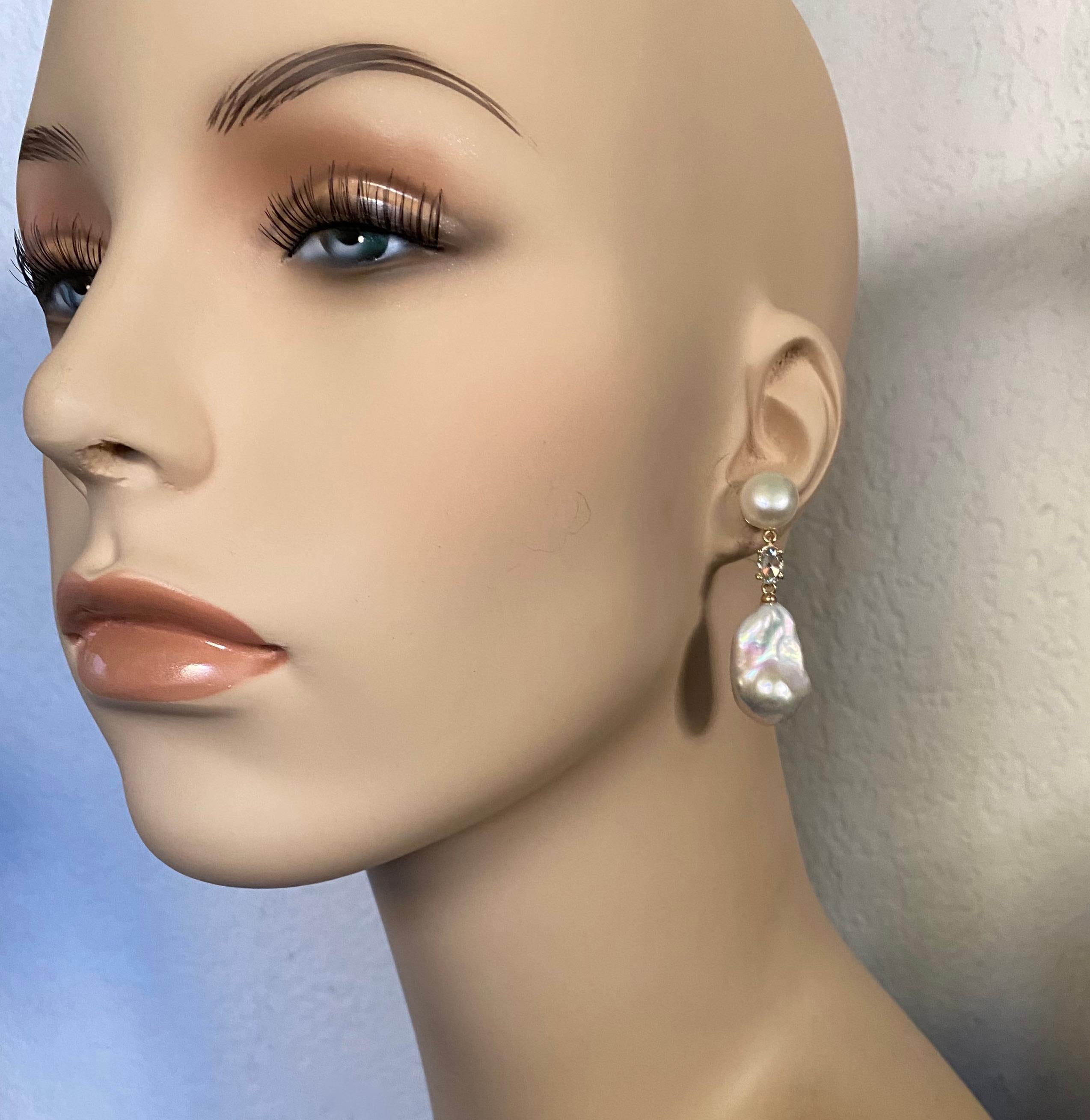 Michael Kneebone Baroque Pearl Rose Cut Diamond Dangle Earrings For Sale 6