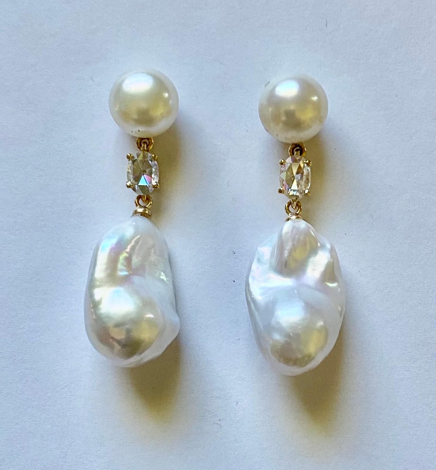 Contemporary Michael Kneebone Baroque Pearl Rose Cut Diamond Dangle Earrings For Sale