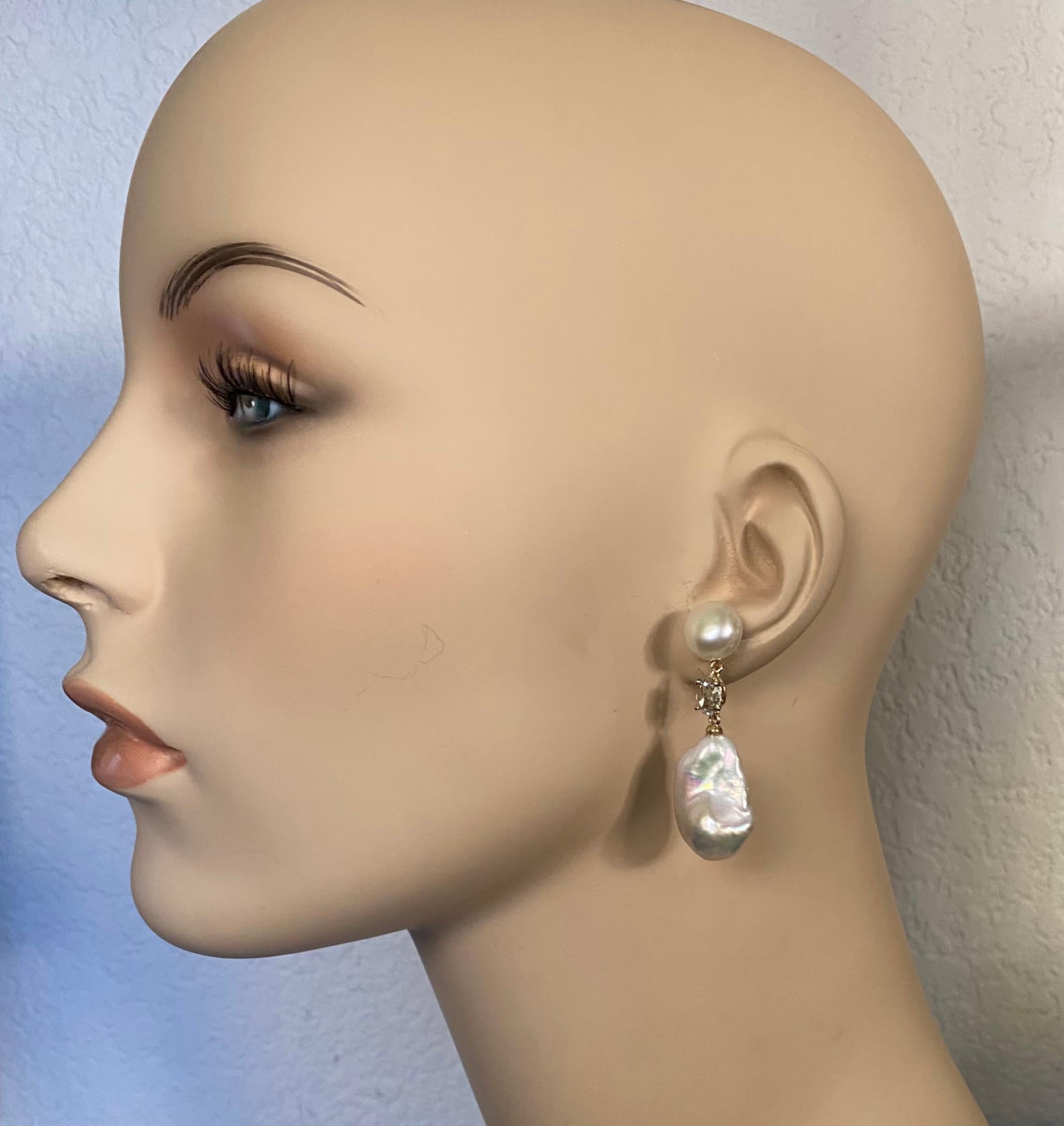 Michael Kneebone Baroque Pearl Rose Cut Diamond Dangle Earrings In New Condition For Sale In Austin, TX