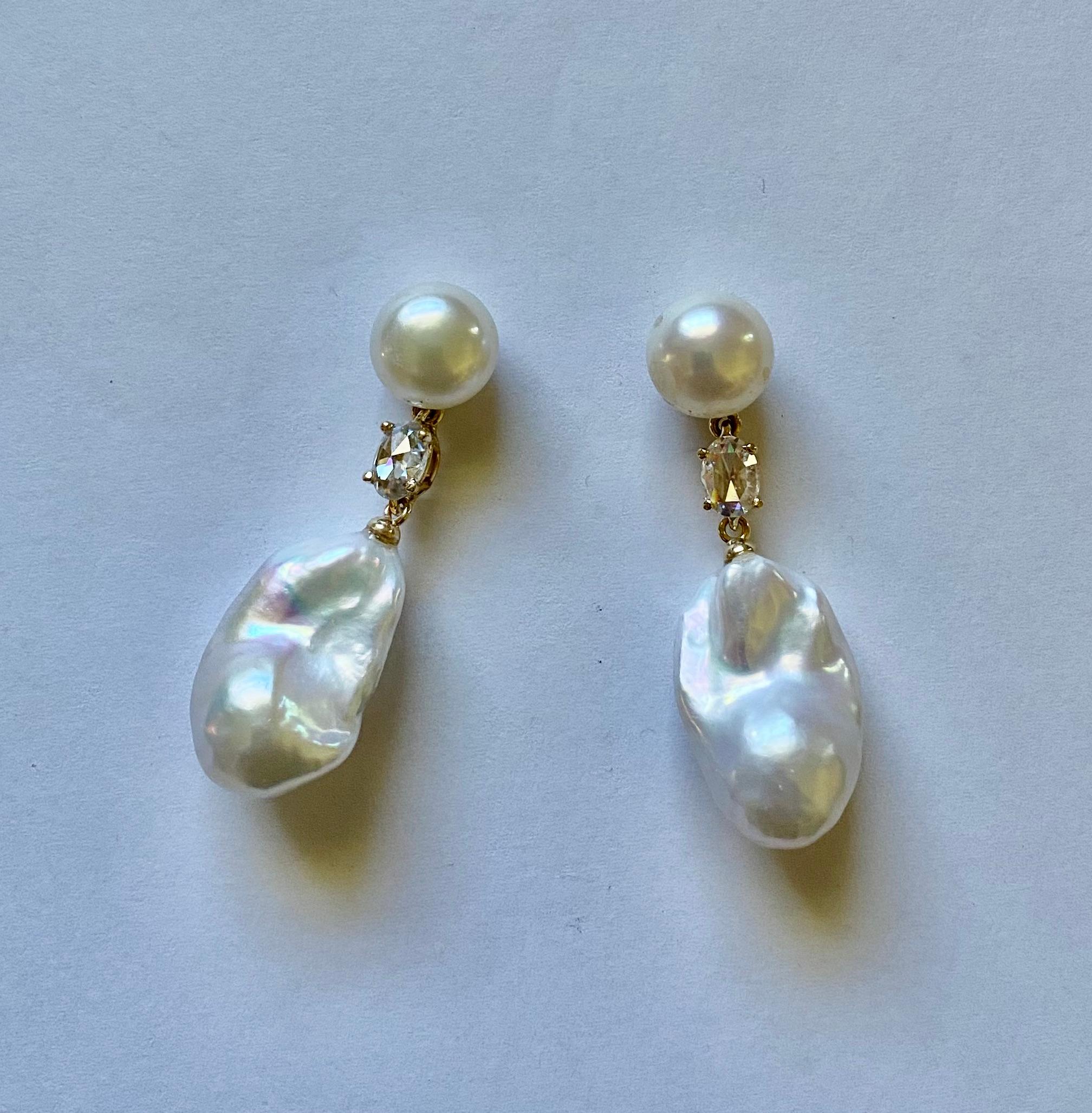 Women's Michael Kneebone Baroque Pearl Rose Cut Diamond Dangle Earrings For Sale