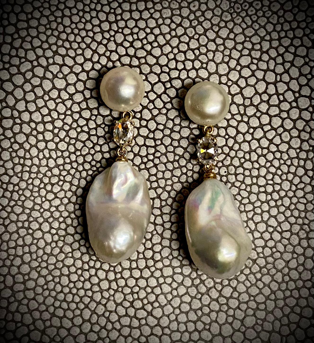 Michael Kneebone Baroque Pearl Rose Cut Diamond Dangle Earrings For Sale 2