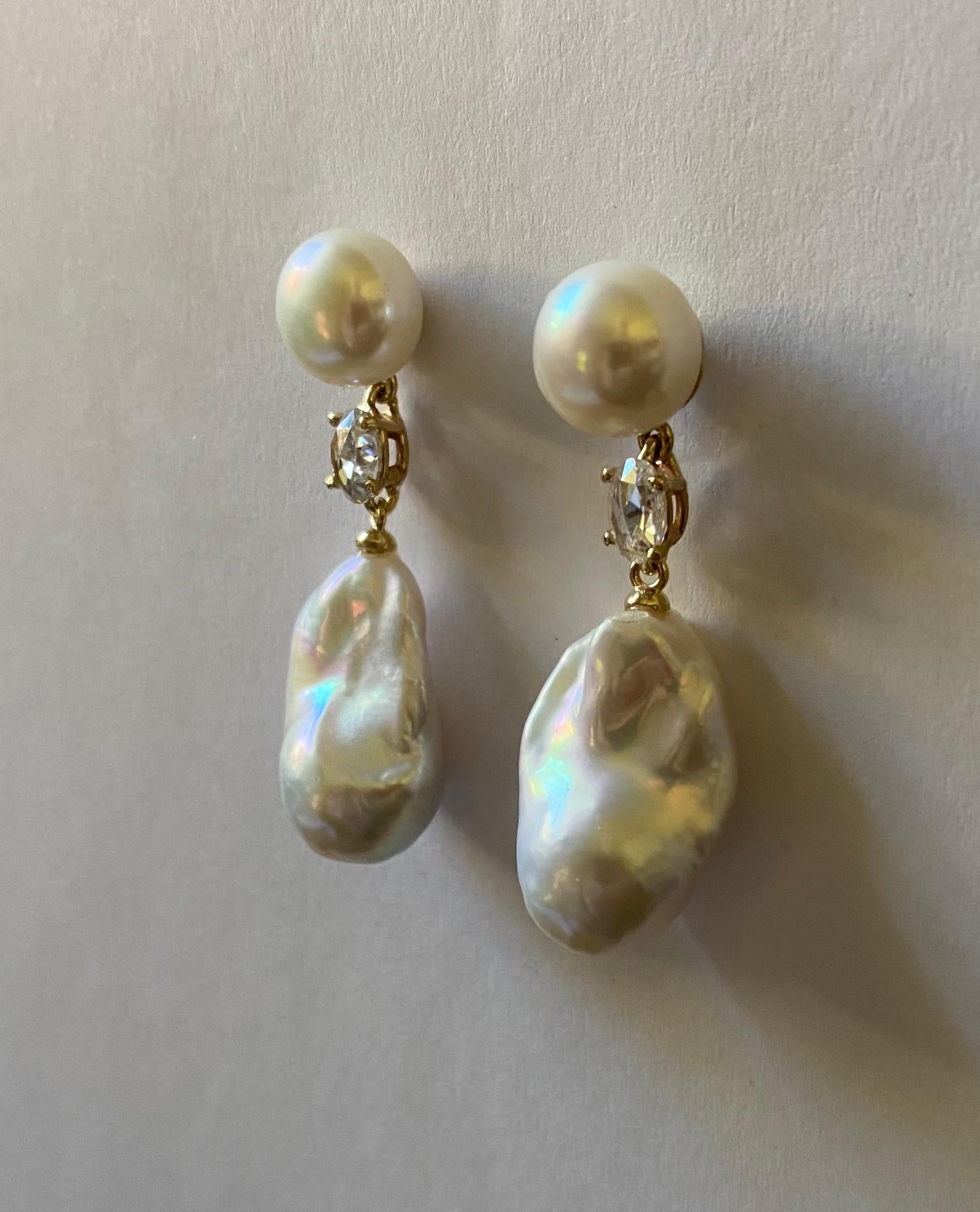 Michael Kneebone Baroque Pearl Rose Cut Diamond Dangle Earrings For Sale 3