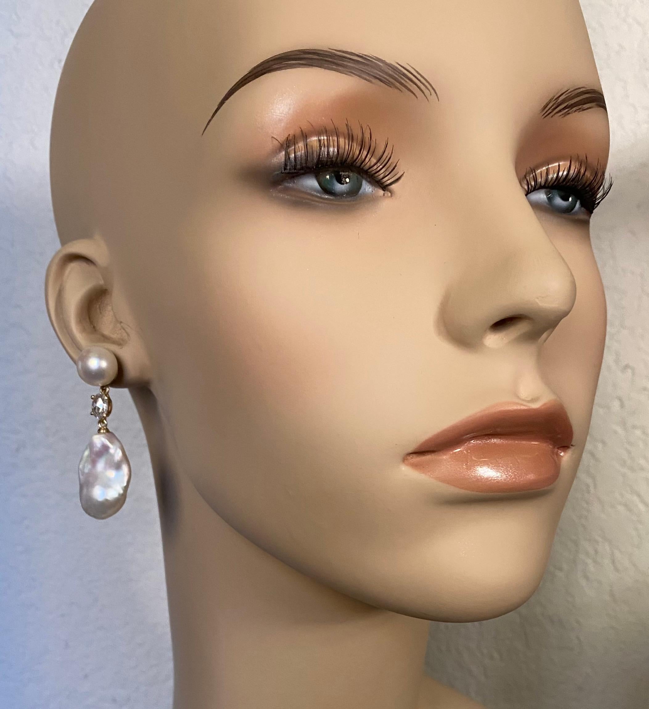 Michael Kneebone Baroque Pearl Rose Cut Diamond Dangle Earrings For Sale 4