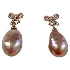 Michael Kneebone Baroque Pink Kasumi Pearl Rose Gold Diamond Bow Earrings