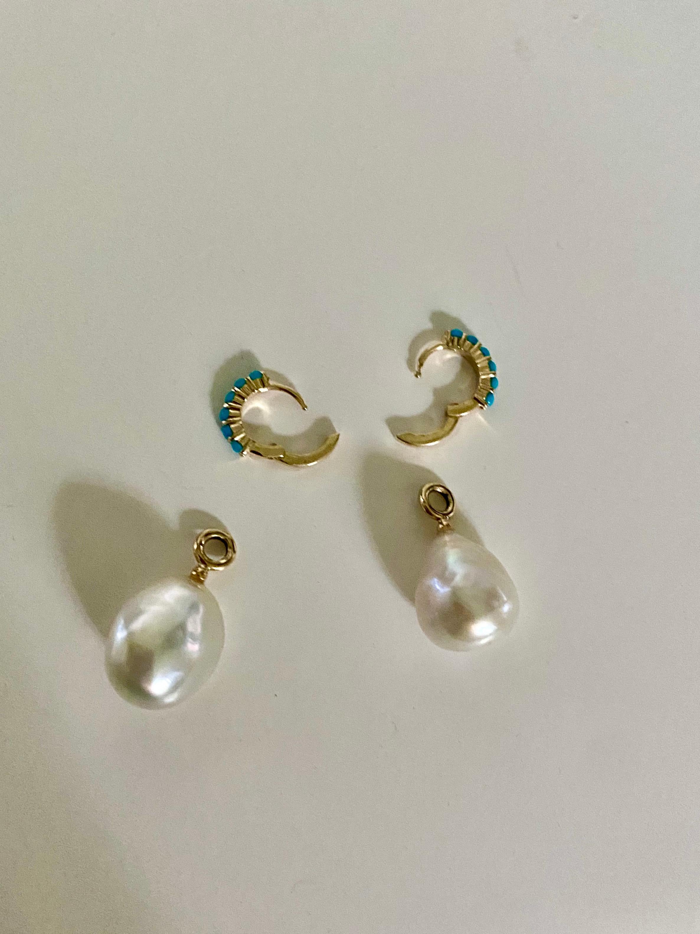 Michael Kneebone Baroque South Seas Pearl Turquoise Huggie Dangle Earrings For Sale 2