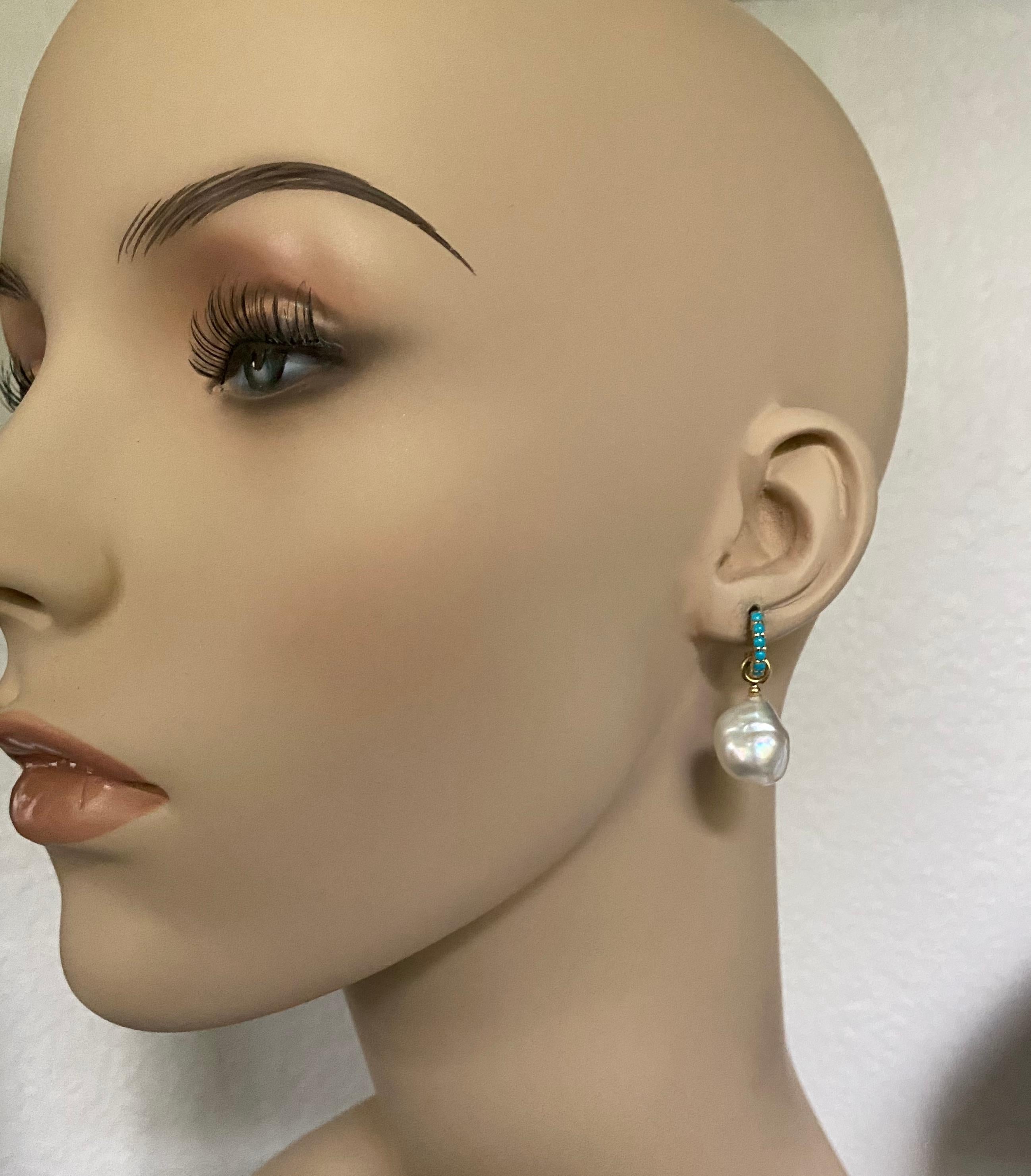Contemporary Michael Kneebone Baroque South Seas Pearl Turquoise Huggie Dangle Earrings For Sale