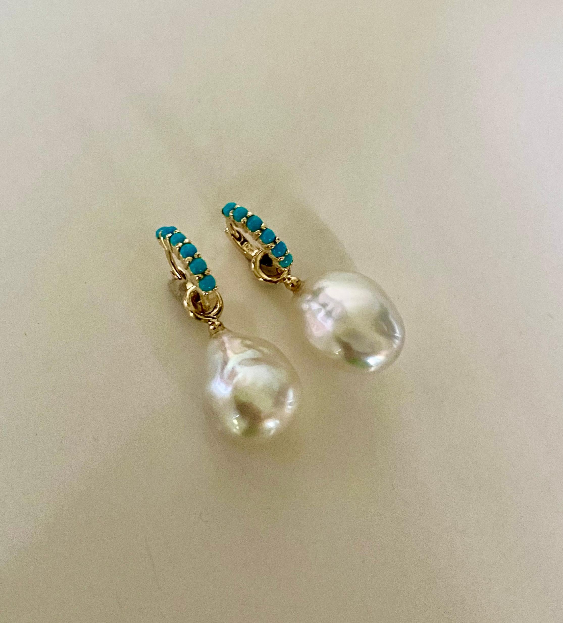 Mixed Cut Michael Kneebone Baroque South Seas Pearl Turquoise Huggie Dangle Earrings For Sale