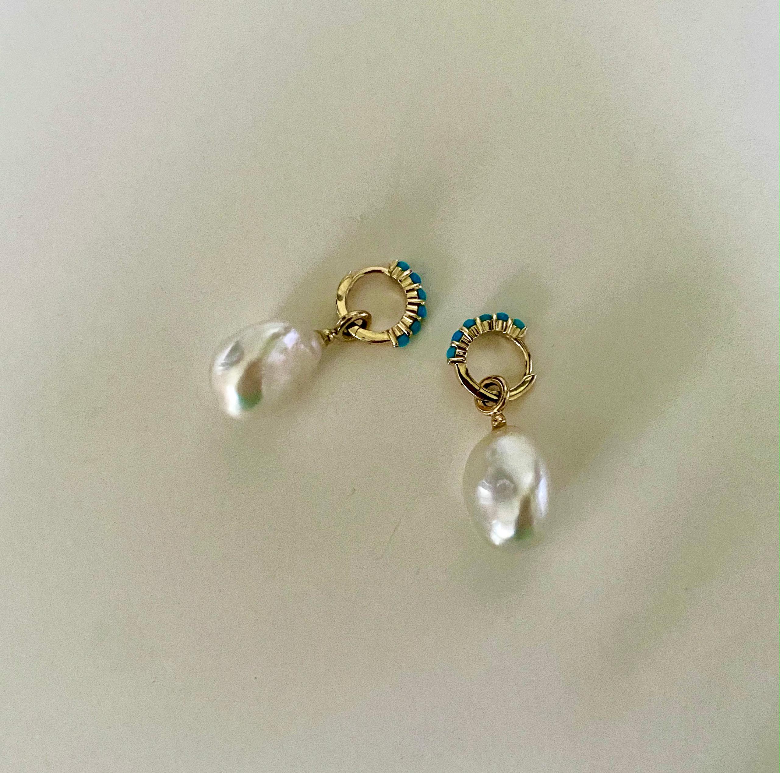 Women's Michael Kneebone Baroque South Seas Pearl Turquoise Huggie Dangle Earrings For Sale