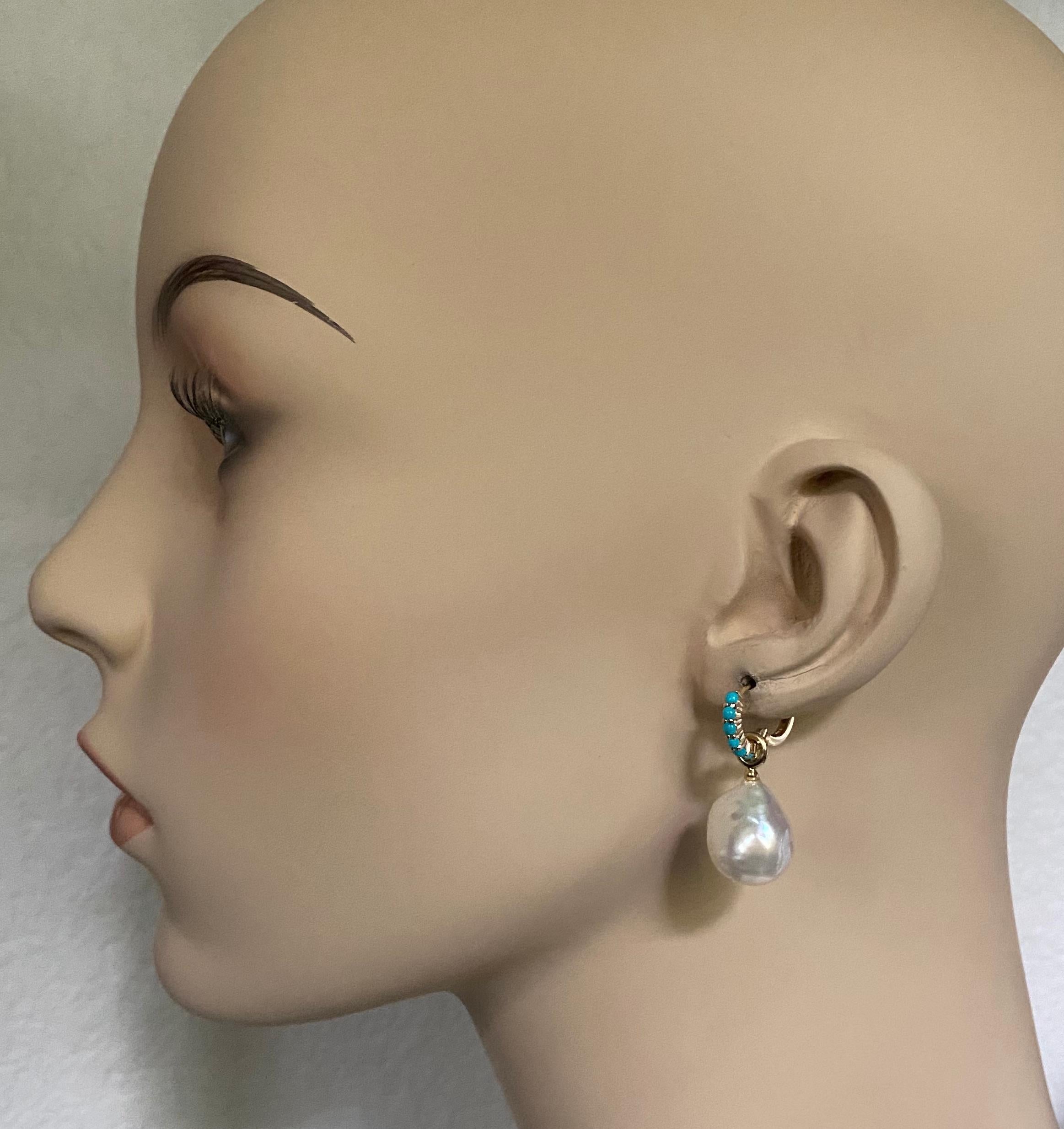 Michael Kneebone Baroque South Seas Pearl Turquoise Huggie Dangle Earrings For Sale 1