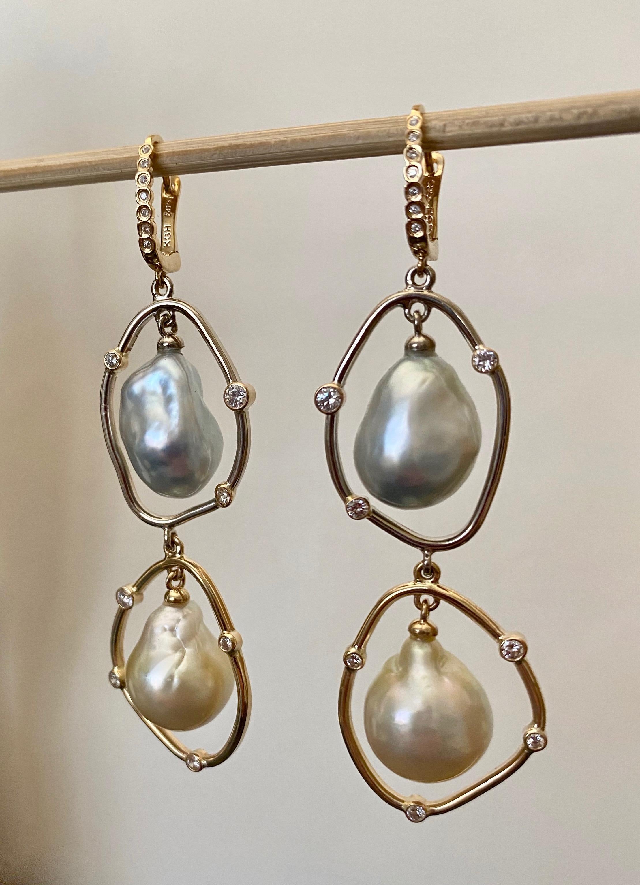 Gray baroque Tahitian pearls are paired with golden baroque South Seas pearls in these dramatic and whimsical dangle earrings.  The pearls range in size from 14mm to 16mm, possess beautiful luster and are blemish free.  The pearls dangle within