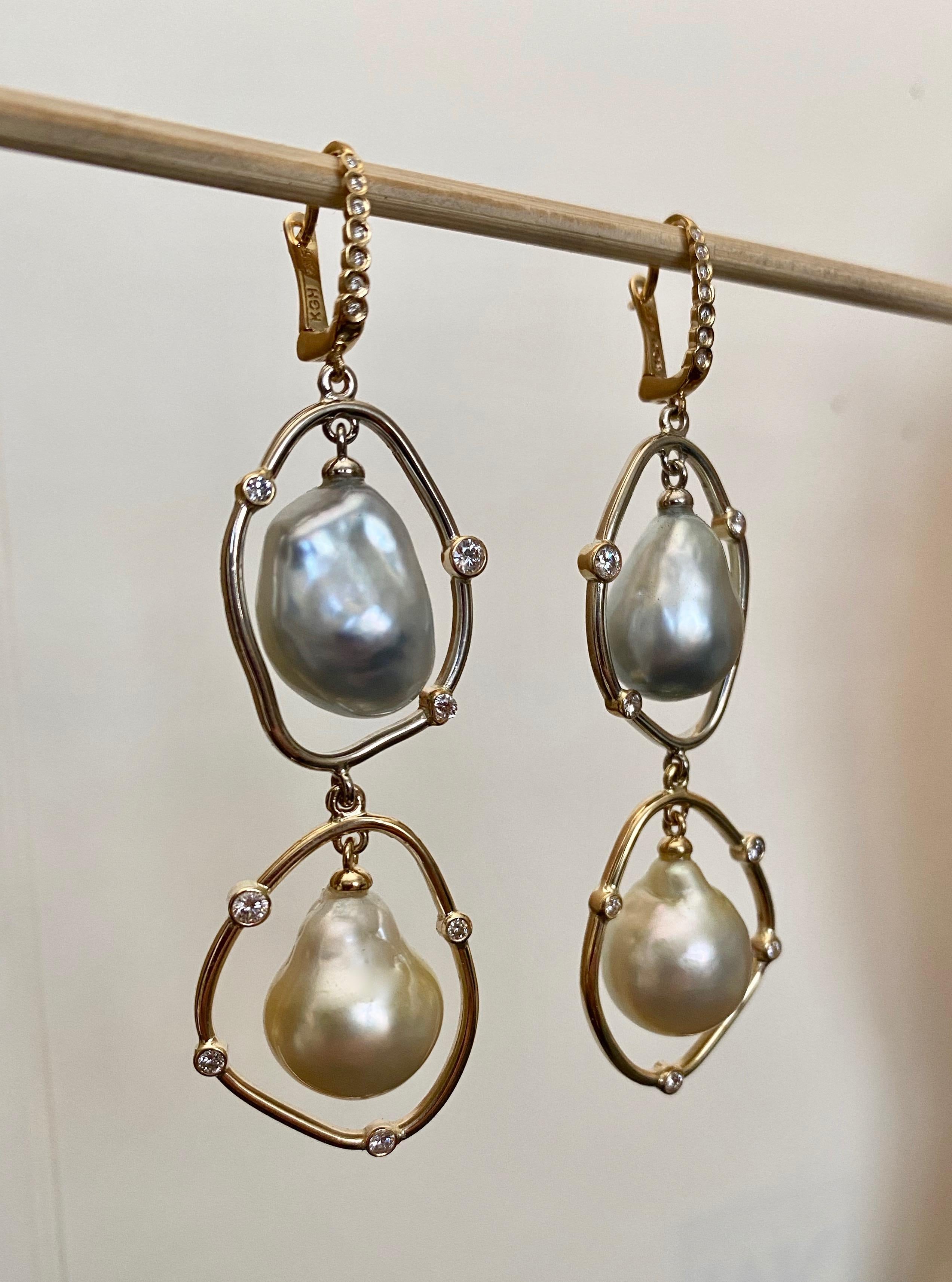 Contemporary Michael Kneebone Baroque Tahitian Pearl South Seas Pearl Diamond Dangle Earrings