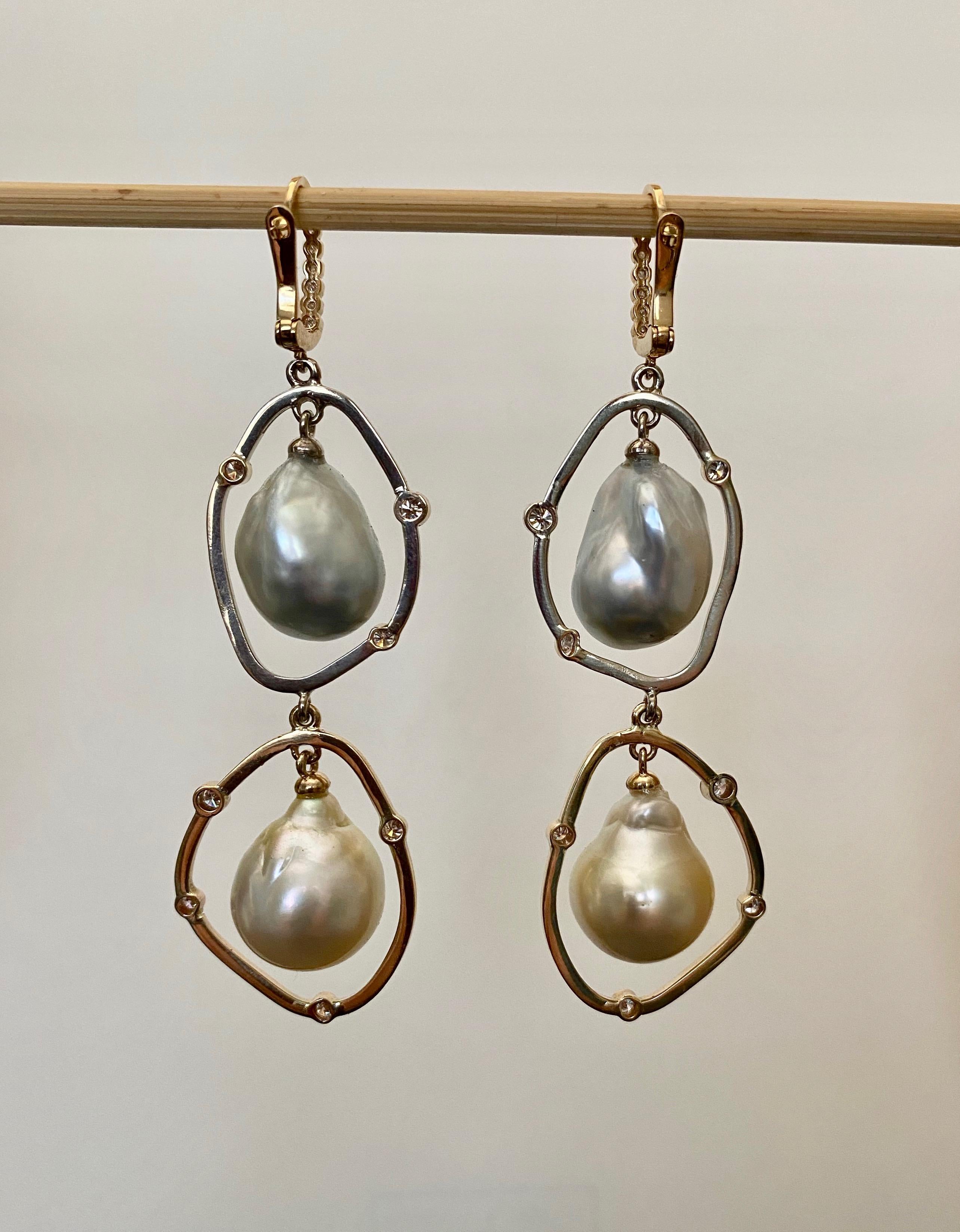 Pear Cut Michael Kneebone Baroque Tahitian Pearl South Seas Pearl Diamond Dangle Earrings