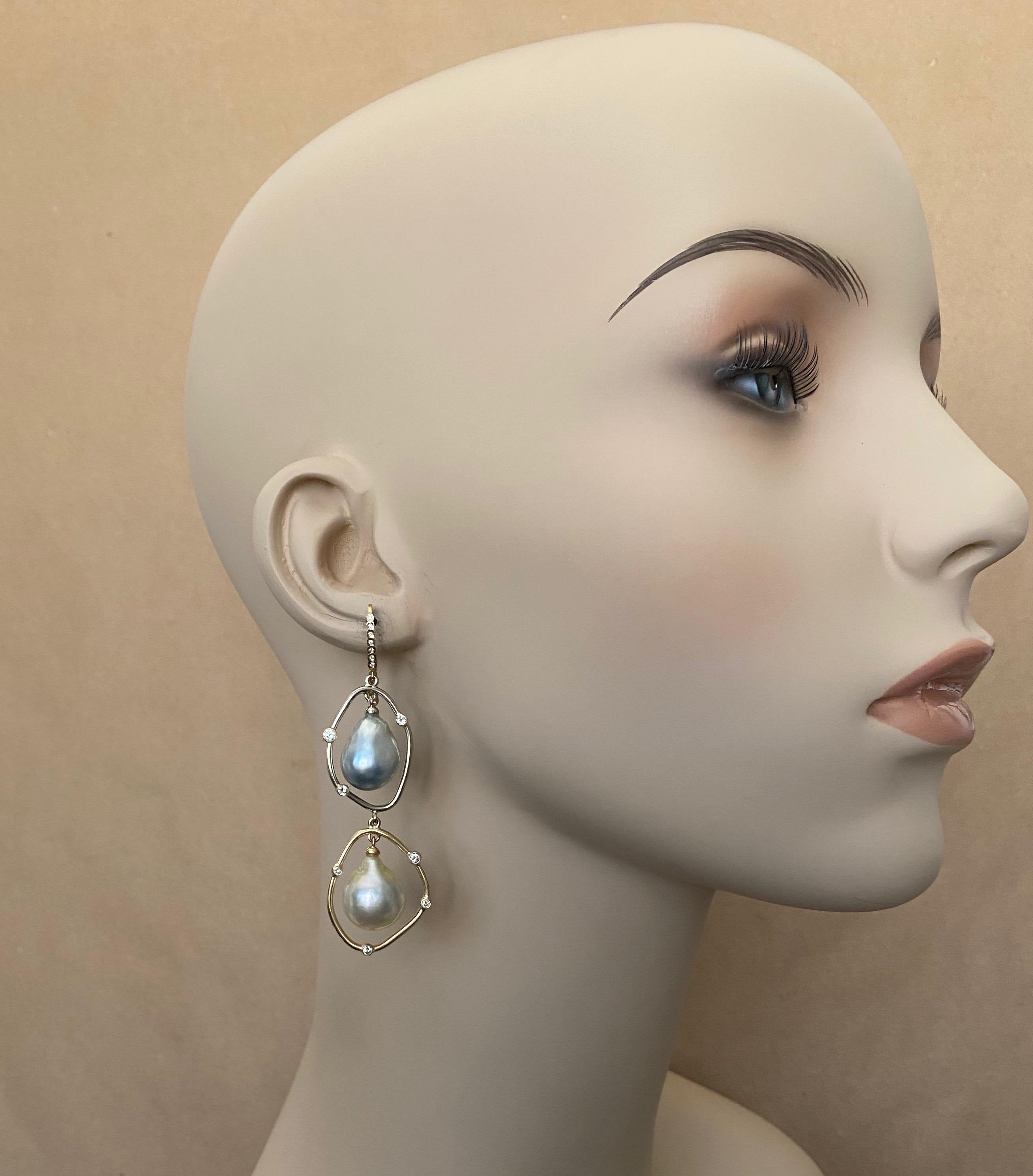 Michael Kneebone Baroque Tahitian Pearl South Seas Pearl Diamond Dangle Earrings In New Condition In Austin, TX
