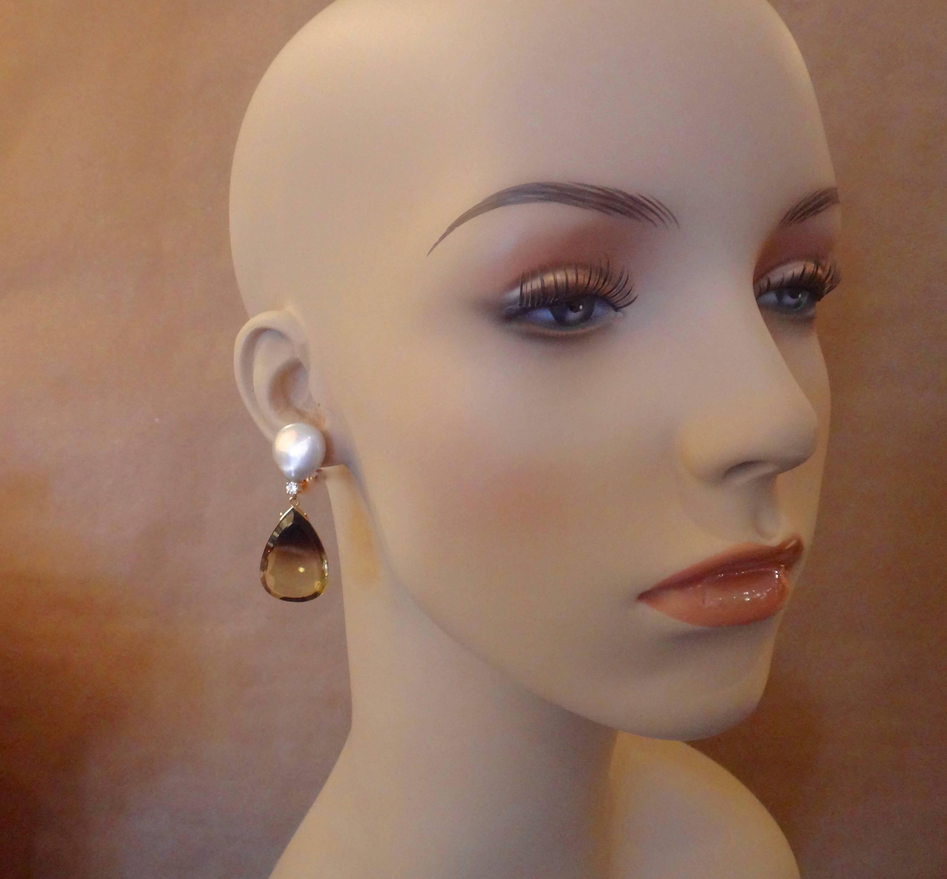 Women's Michael Kneebone Bi-Color Quartz Coin Pearl Diamond Dangle Earrings