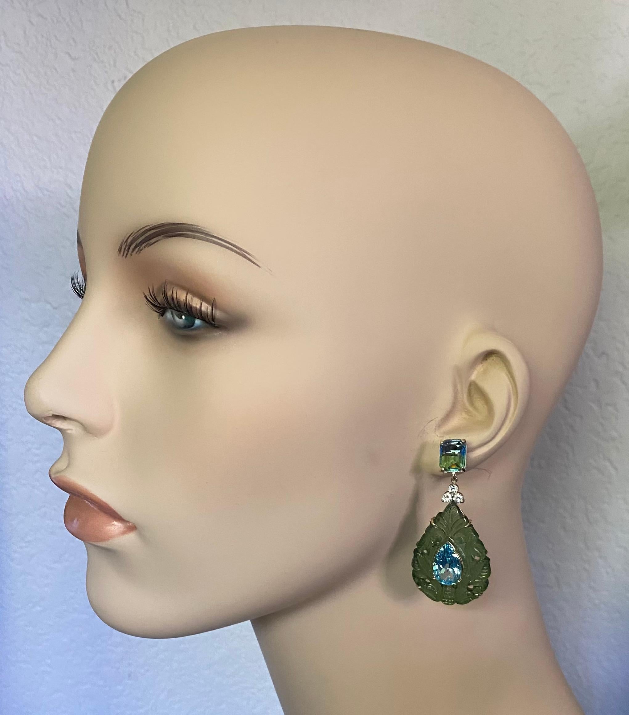 Michael Kneebone Bi-Color Topaz Diamond Topaz Carved Jade Dangle Earrings For Sale 1