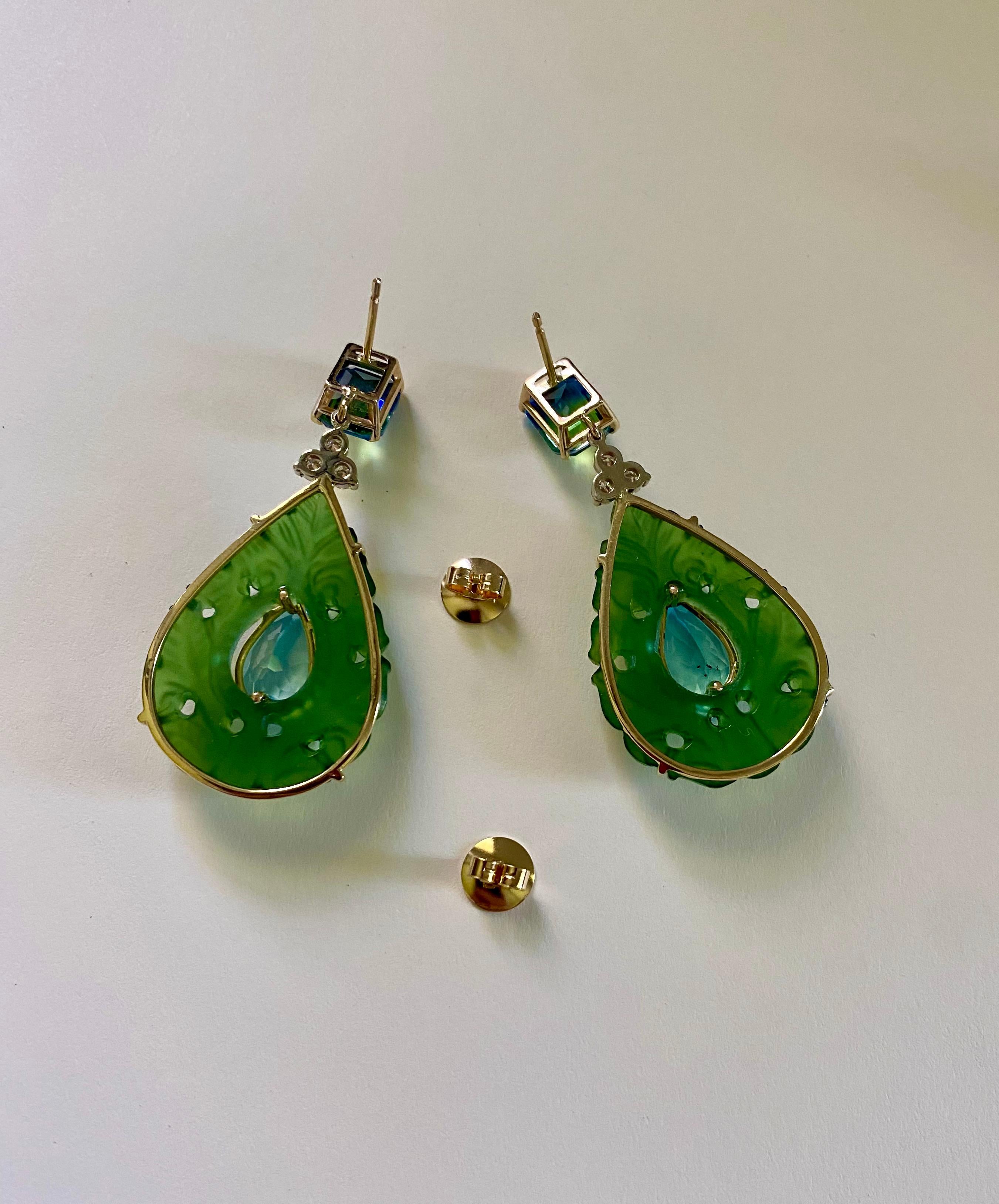Michael Kneebone Bi-Color Topaz Diamond Topaz Carved Jade Dangle Earrings For Sale 2