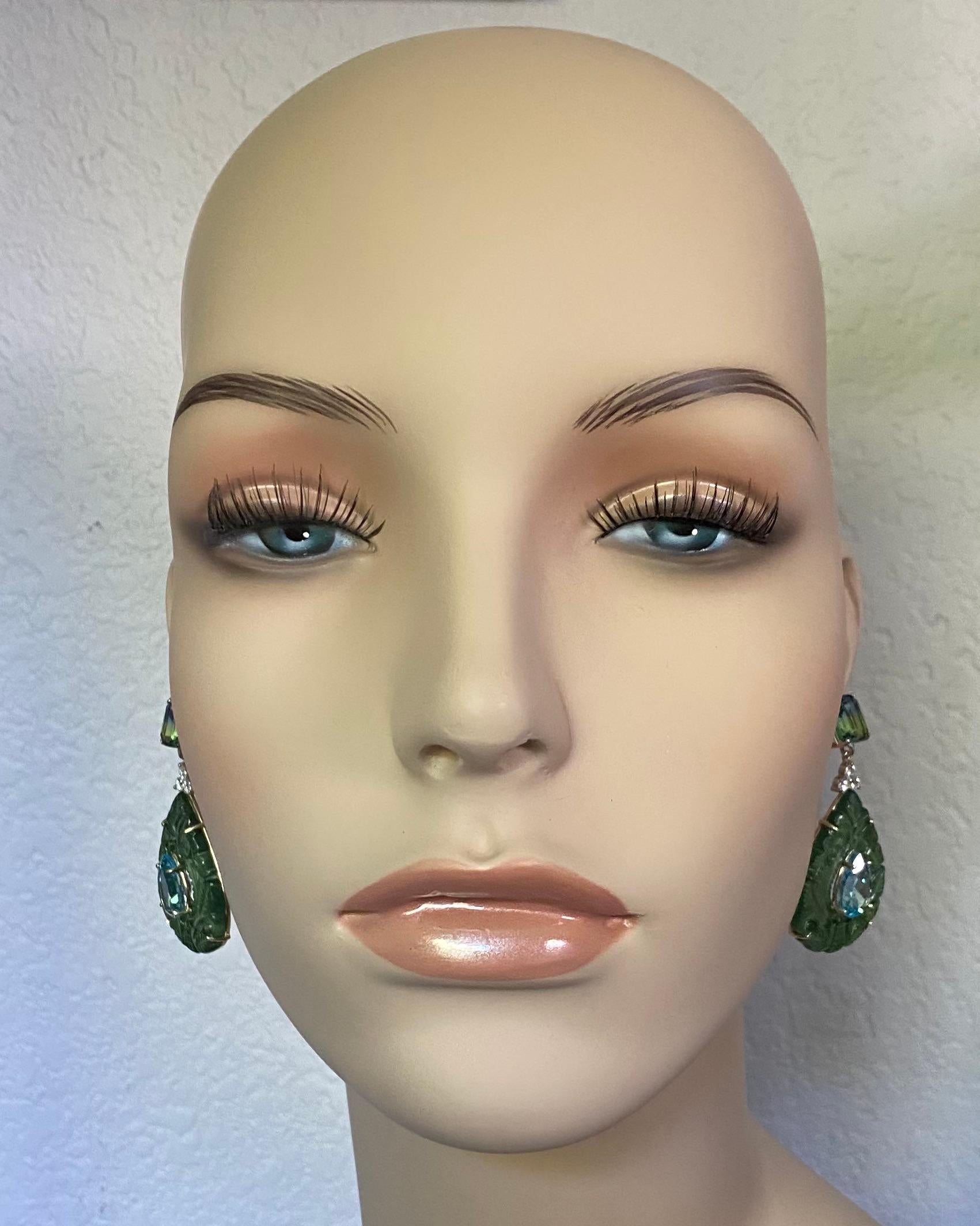 Contemporary Michael Kneebone Bi-Color Topaz Diamond Topaz Carved Jade Dangle Earrings For Sale