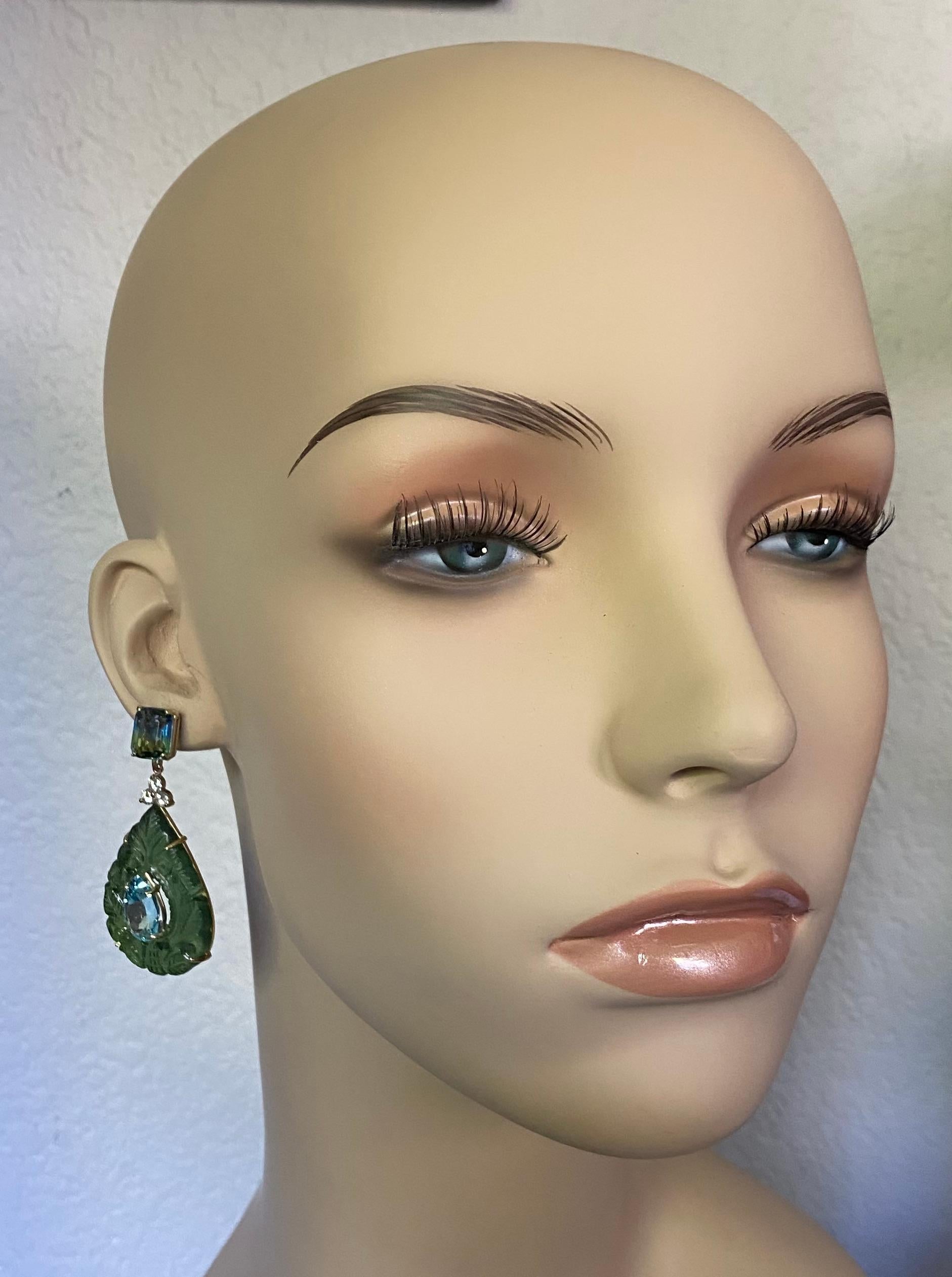 Michael Kneebone Bi-Color Topaz Diamond Topaz Carved Jade Dangle Earrings In New Condition For Sale In Austin, TX