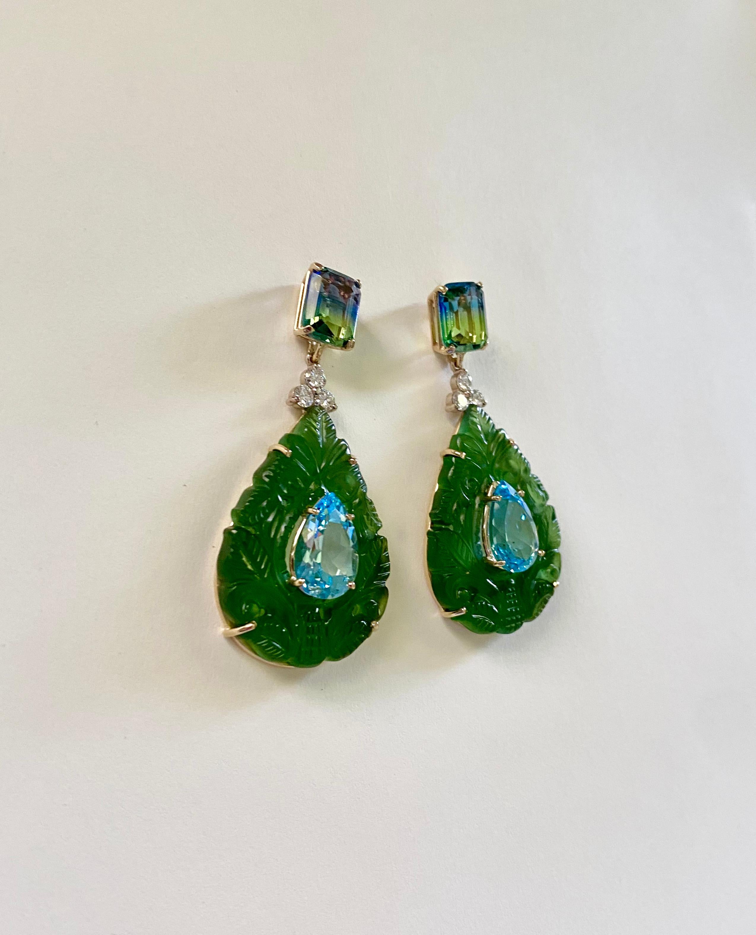 Women's Michael Kneebone Bi-Color Topaz Diamond Topaz Carved Jade Dangle Earrings For Sale