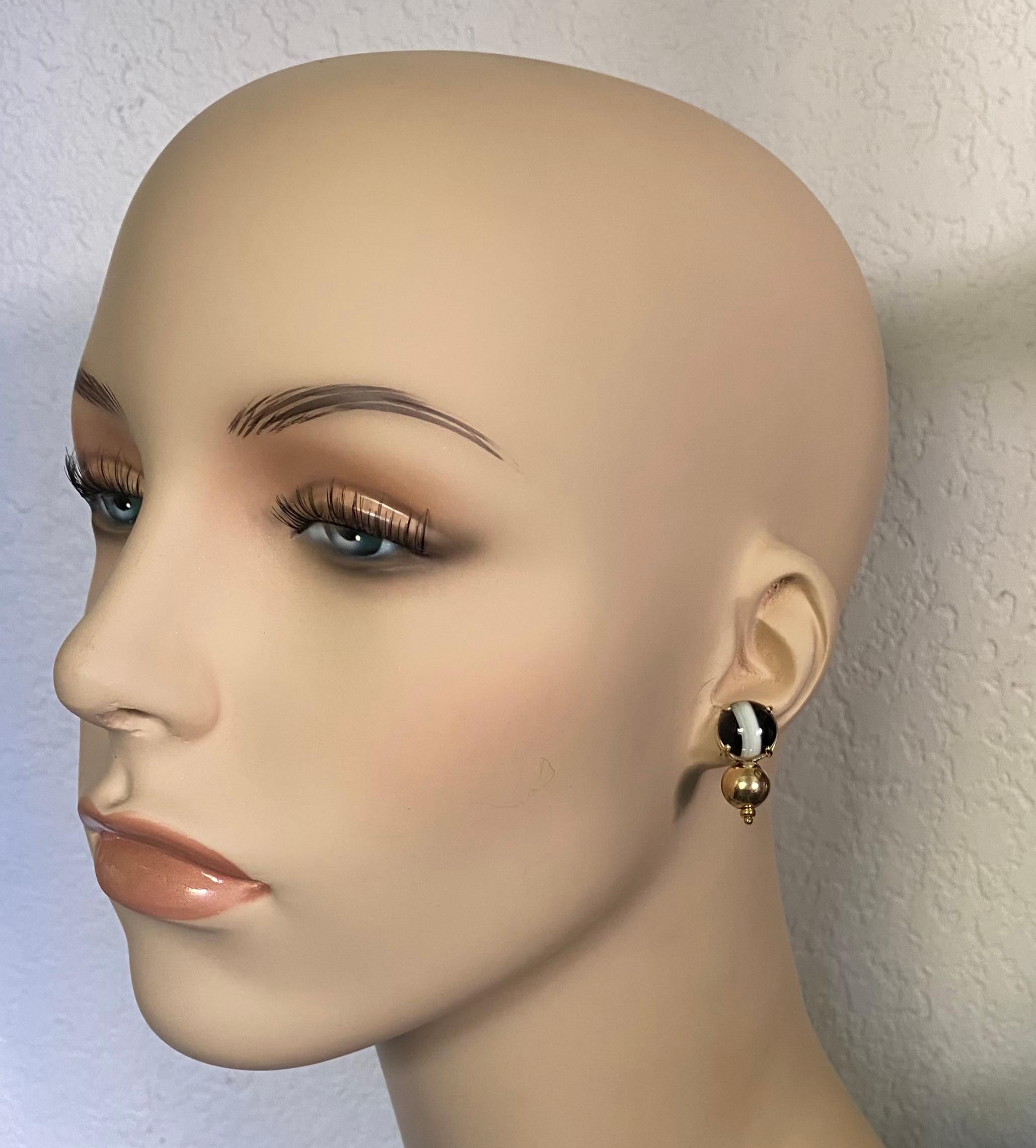 Round Cut Michael Kneebone Black And White Banded Agate Drop Earrings For Sale