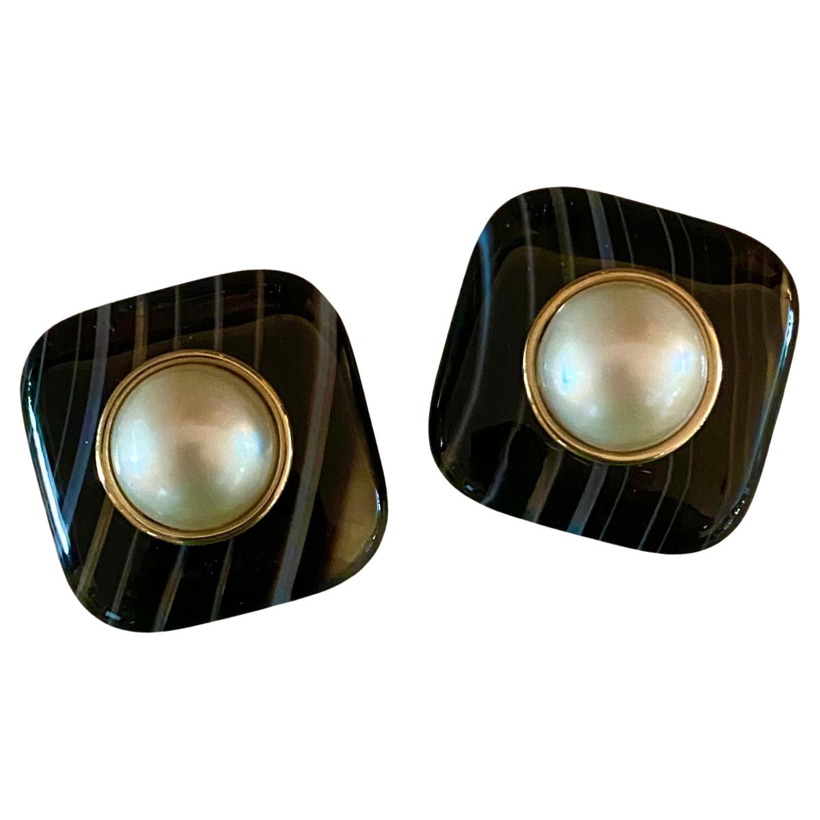 Michael Kneebone Black Banded Agate Mobe Pearl Button Earrings