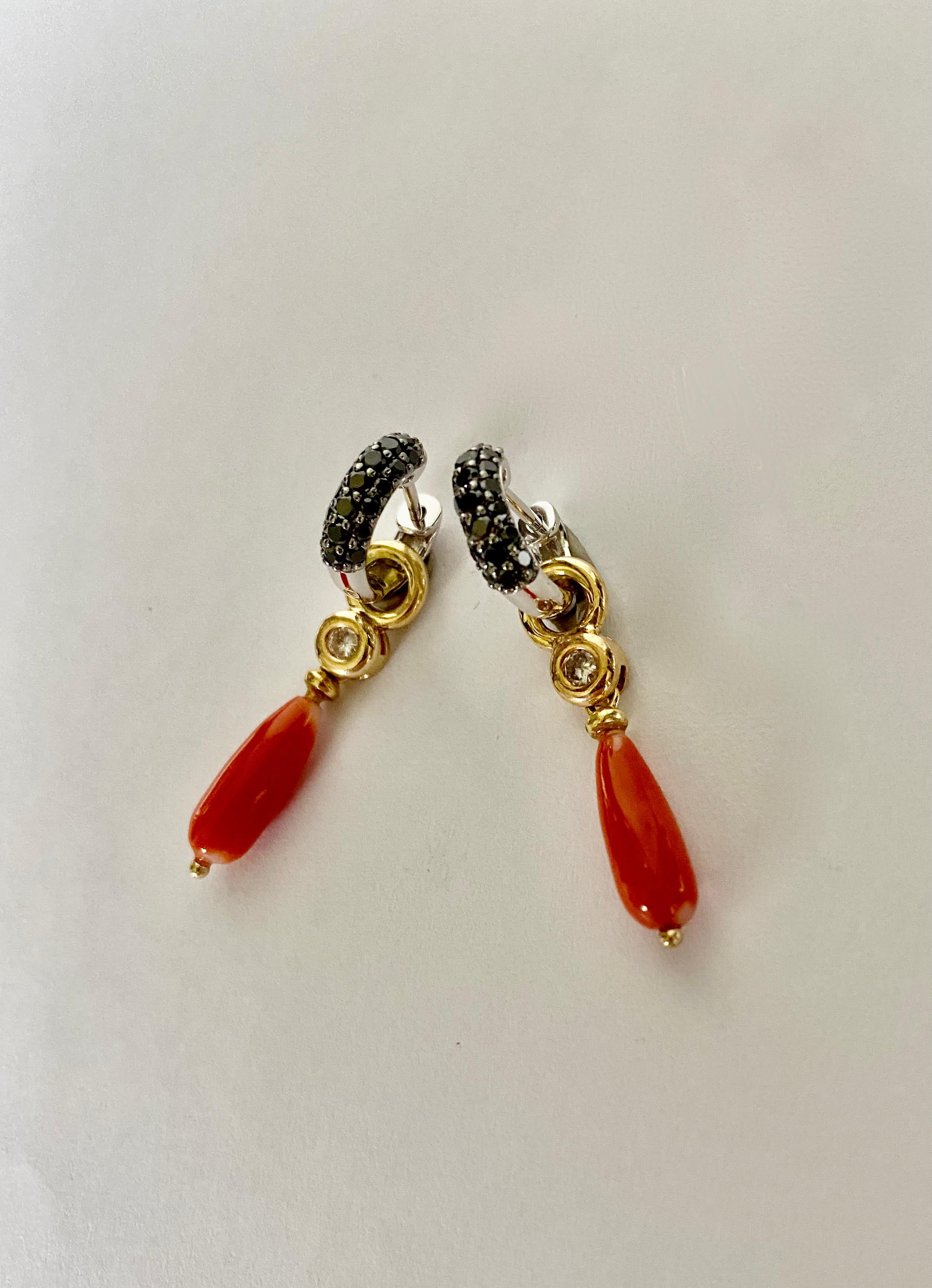 Michael Kneebone Black Diamond White Diamond Red Coral Dangle Earrings In New Condition In Austin, TX