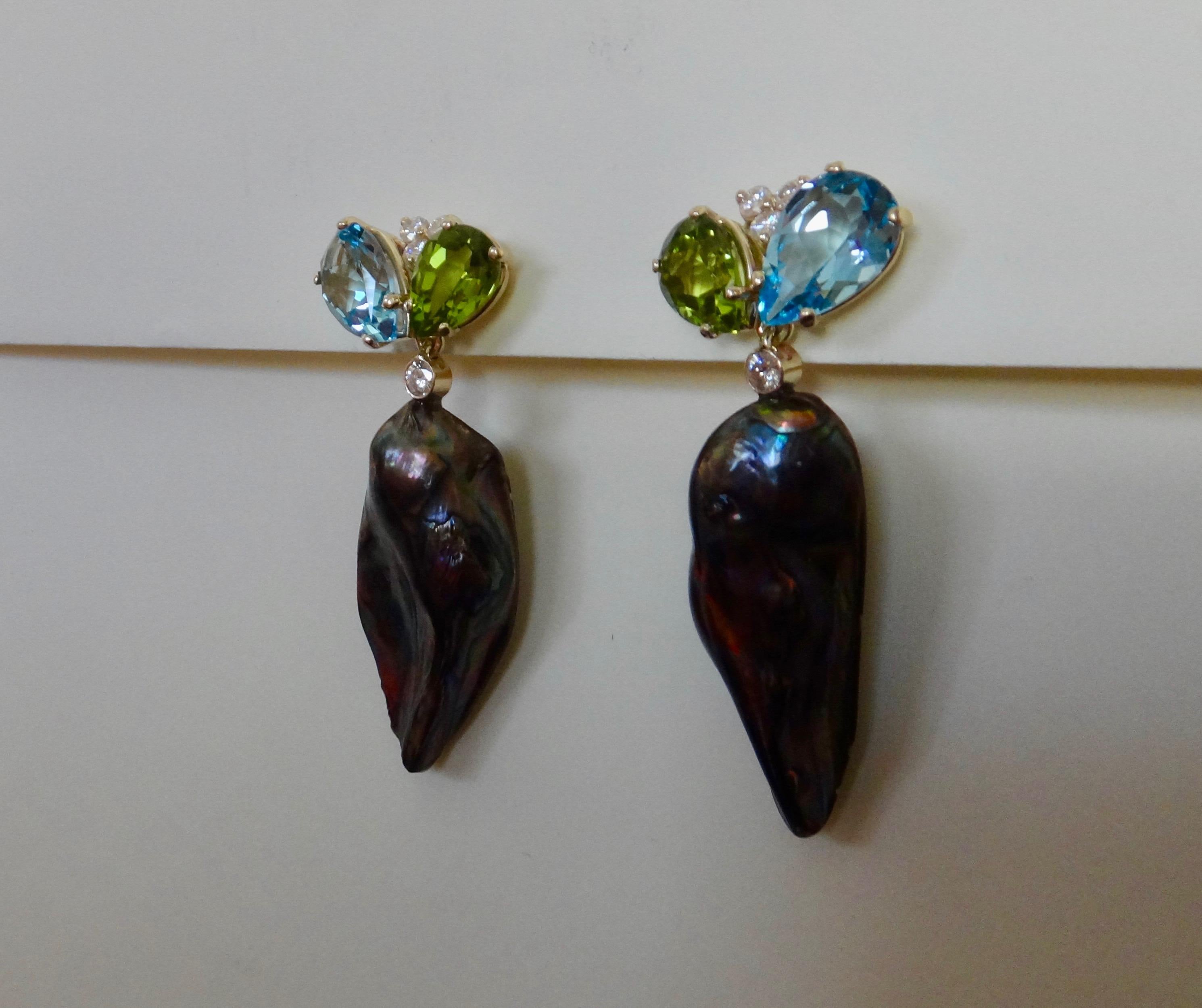 Contemporary Michael Kneebone Black Keshi Pearl Topaz Peridot Diamond Dangle Earrings