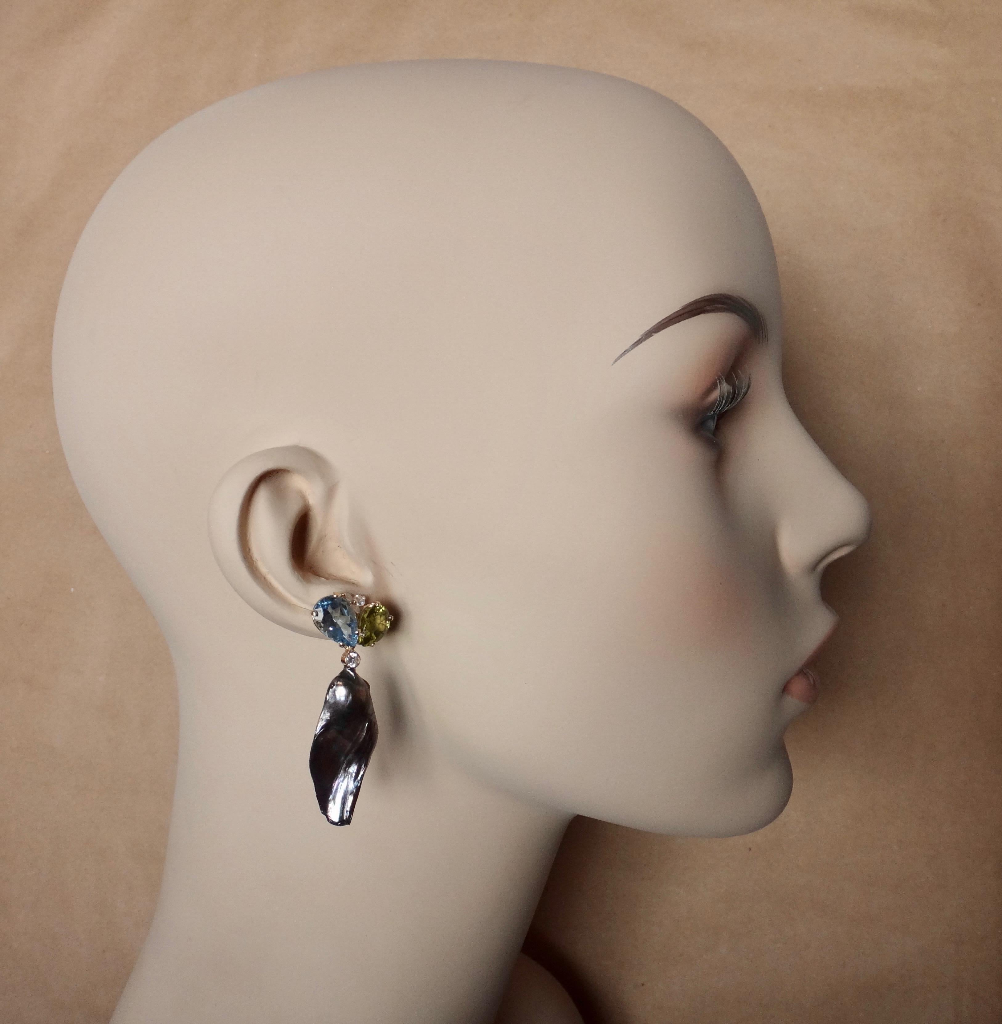 Michael Kneebone Black Keshi Pearl Topaz Peridot Diamond Dangle Earrings In New Condition In Austin, TX