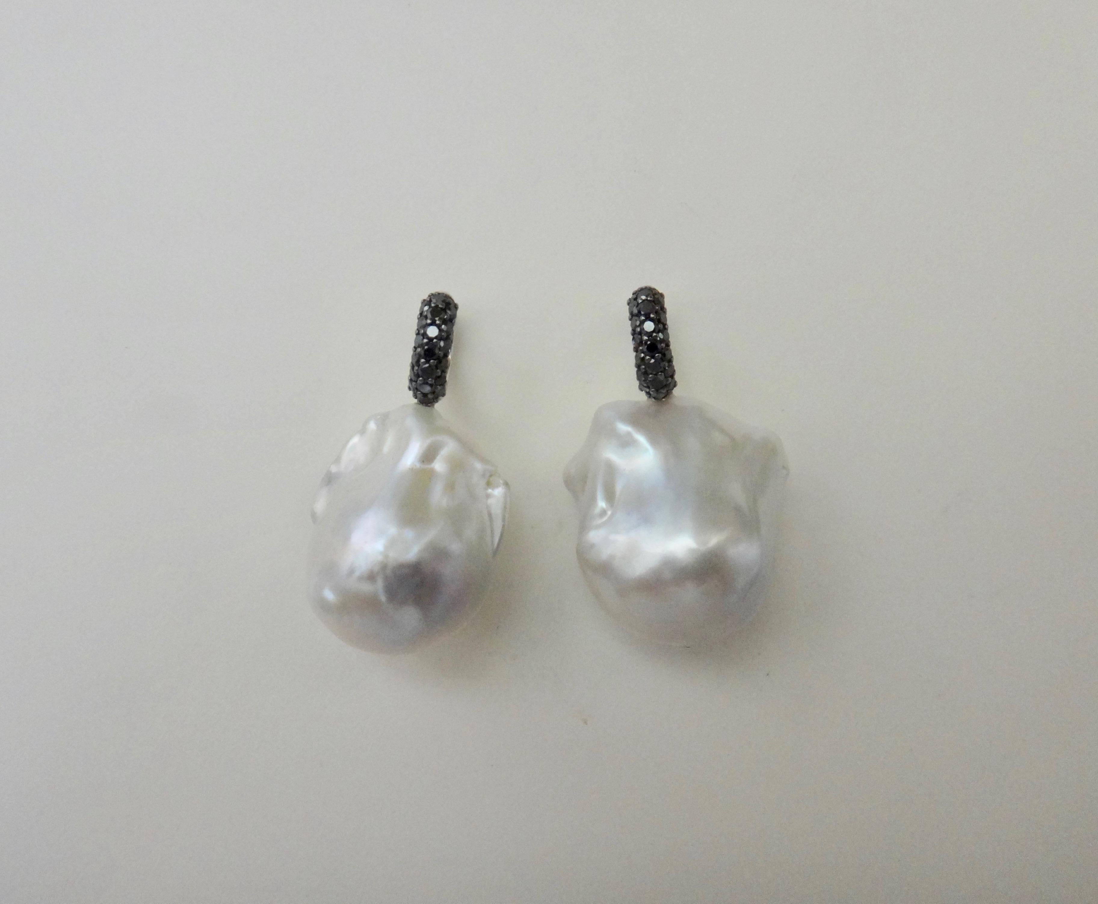 Contemporary Michael Kneebone Black Pave Diamond White Baroque Pearl Drop Earrings