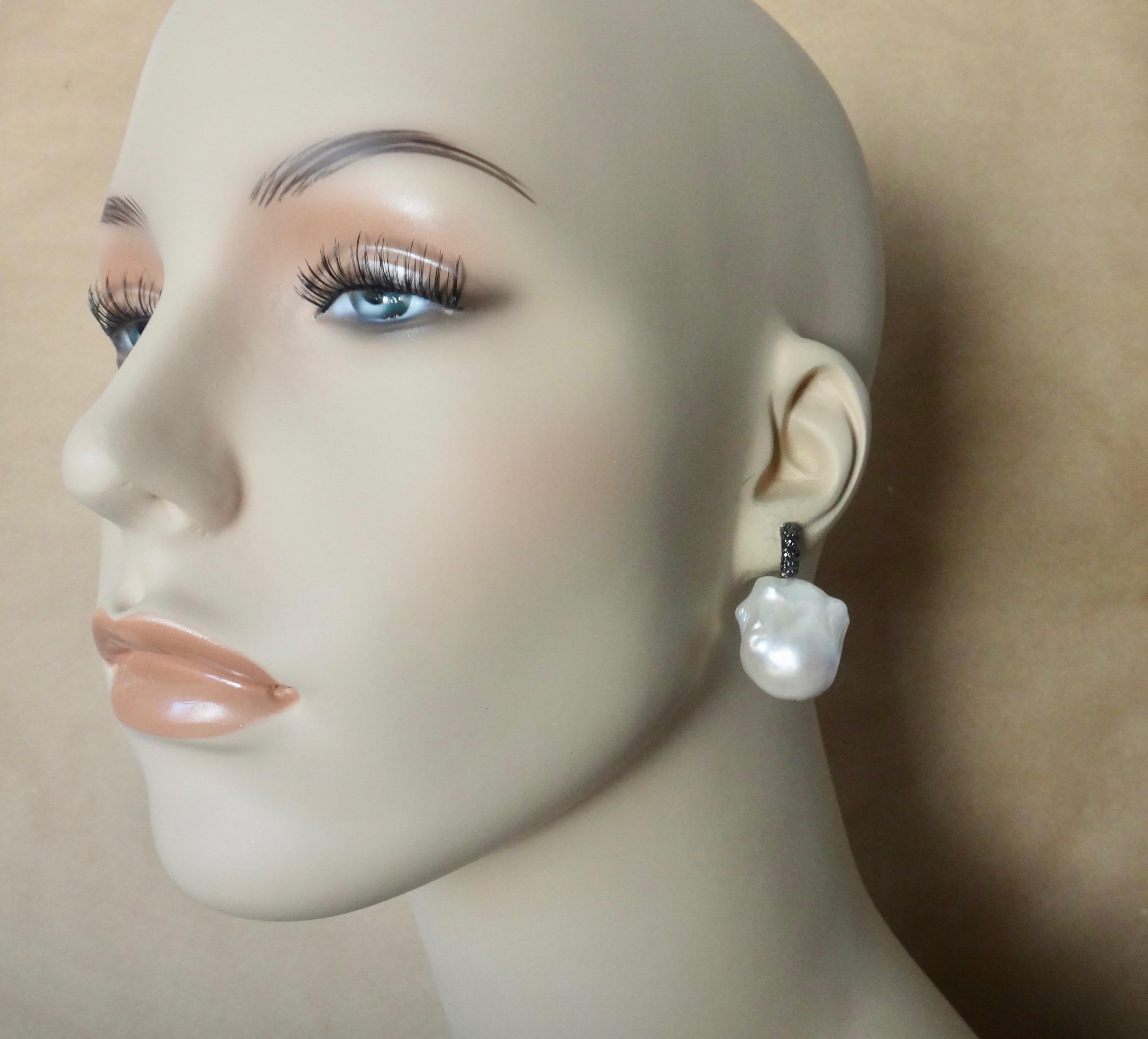 Michael Kneebone Black Pave Diamond White Baroque Pearl Drop Earrings 3