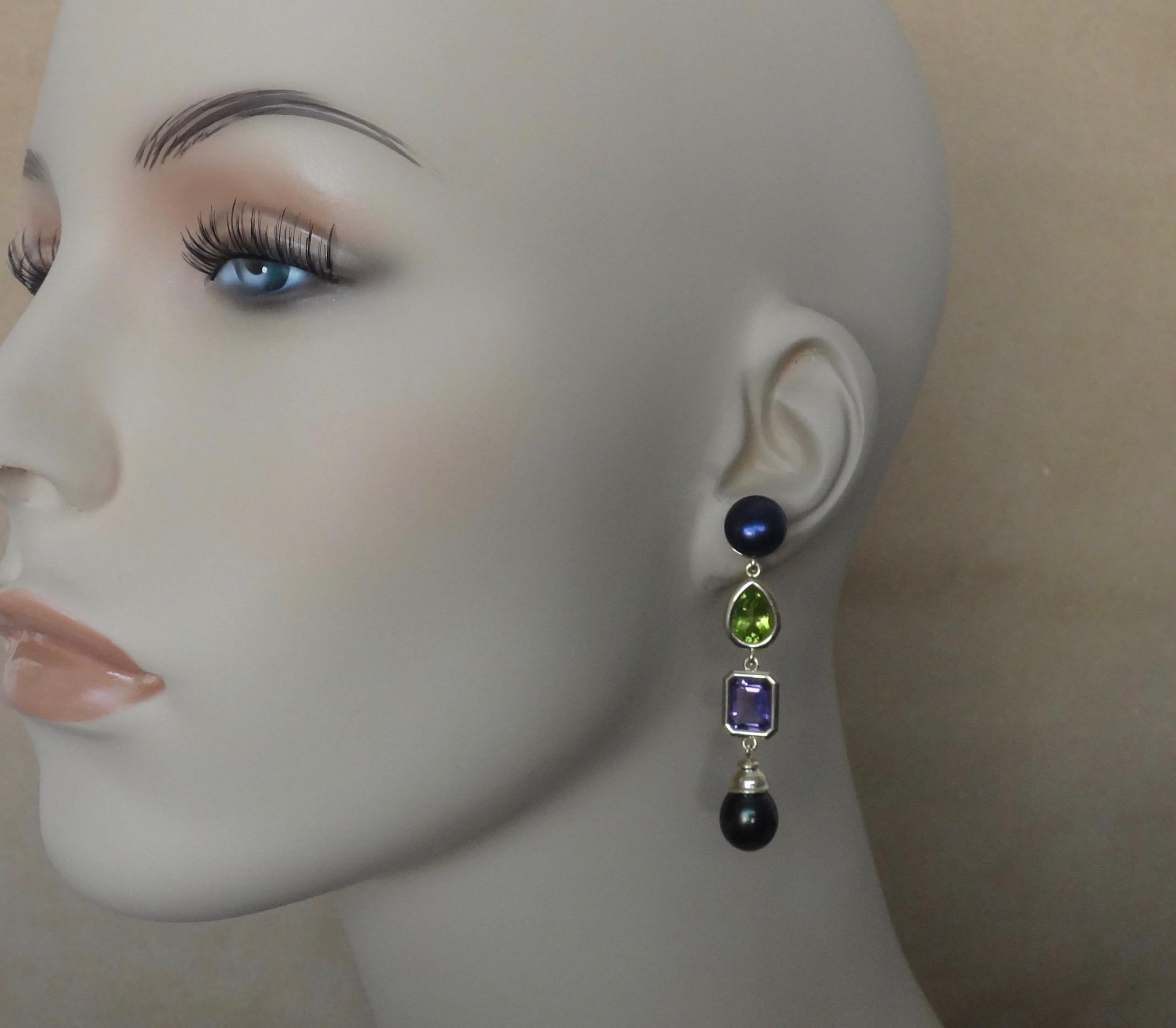Michael Kneebone Black Pearl Peridot Amethyst Dangle Earrings For Sale 3