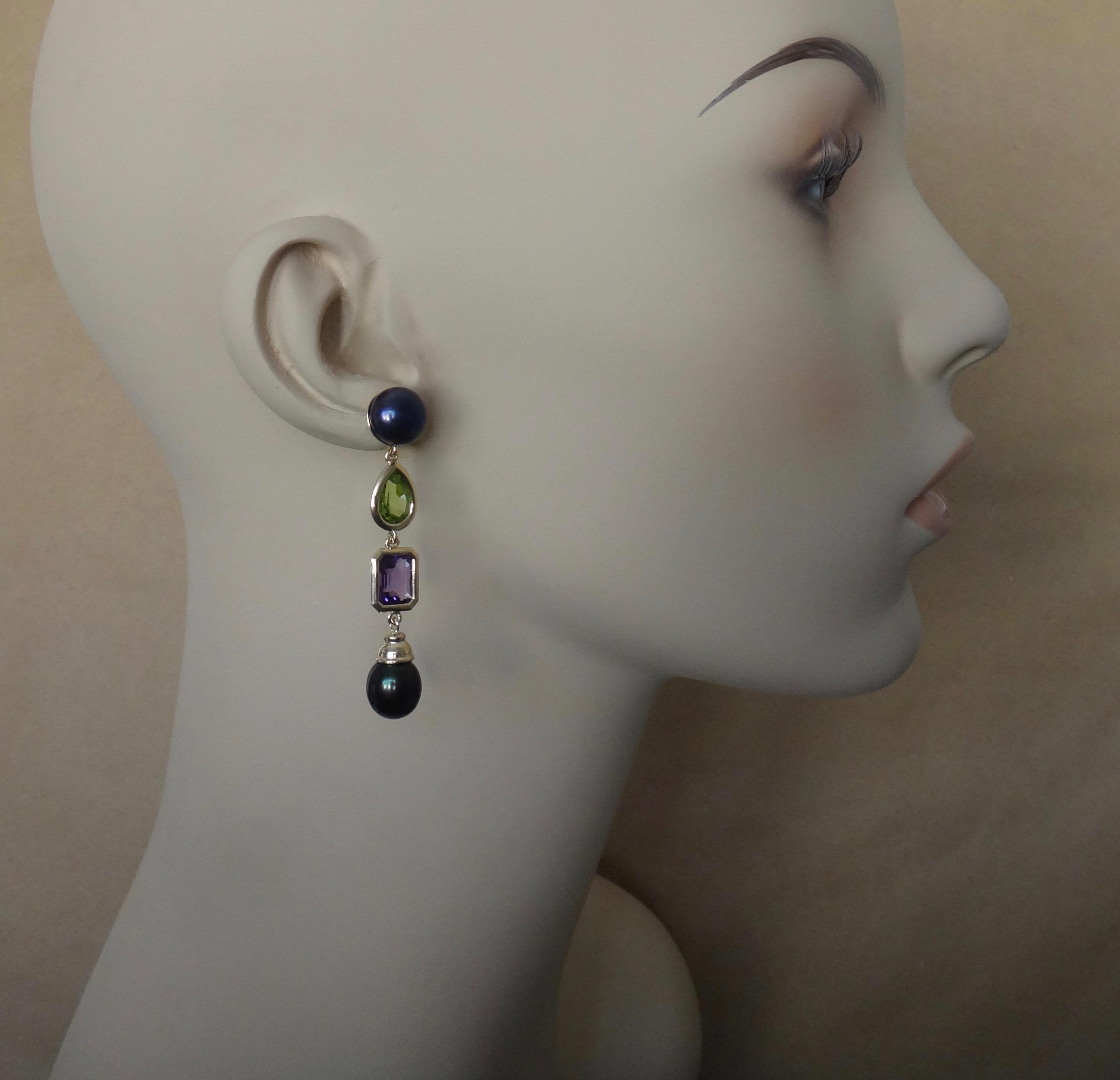 Contemporary Michael Kneebone Black Pearl Peridot Amethyst Dangle Earrings For Sale