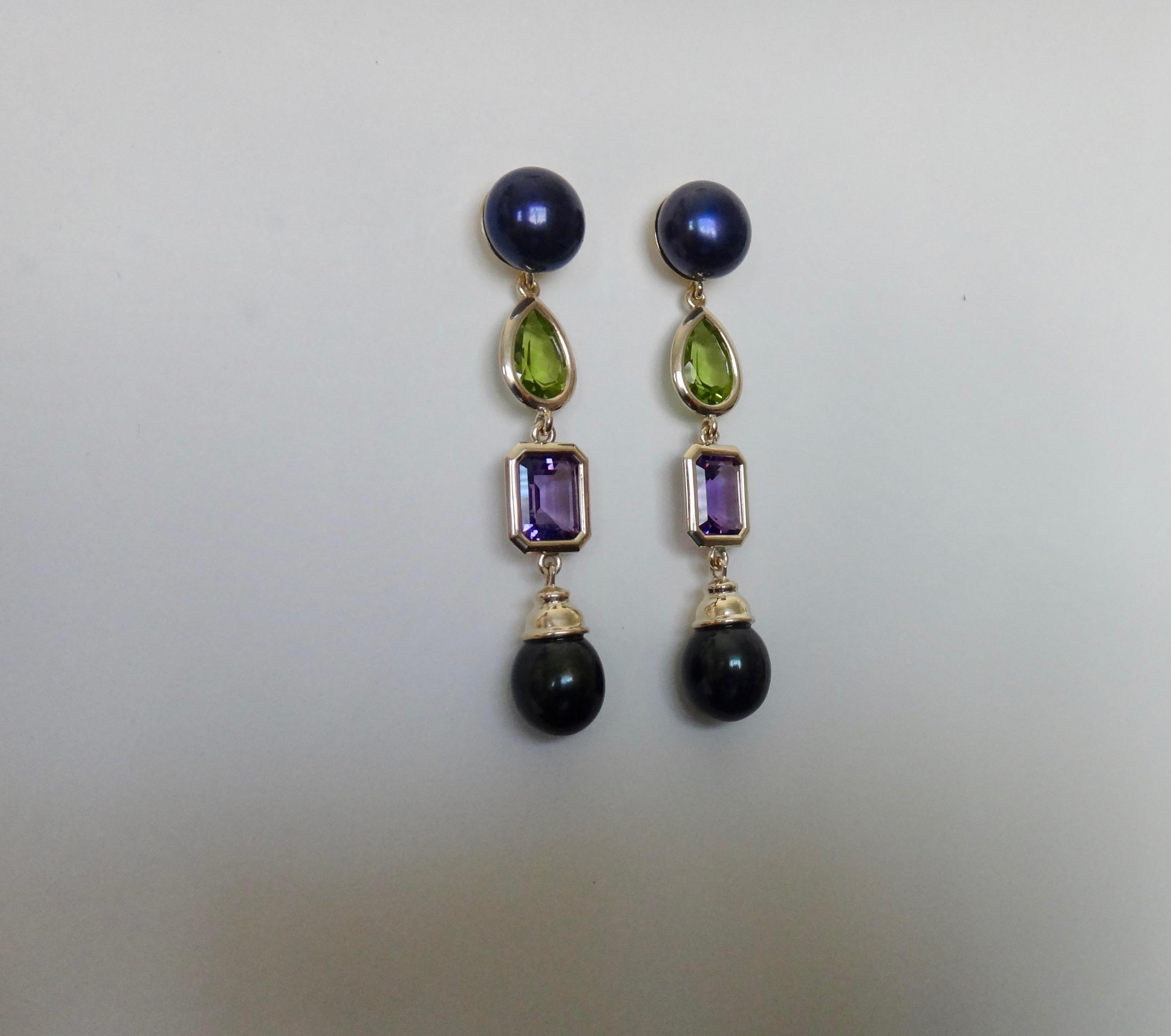 Emerald Cut Michael Kneebone Black Pearl Peridot Amethyst Dangle Earrings For Sale