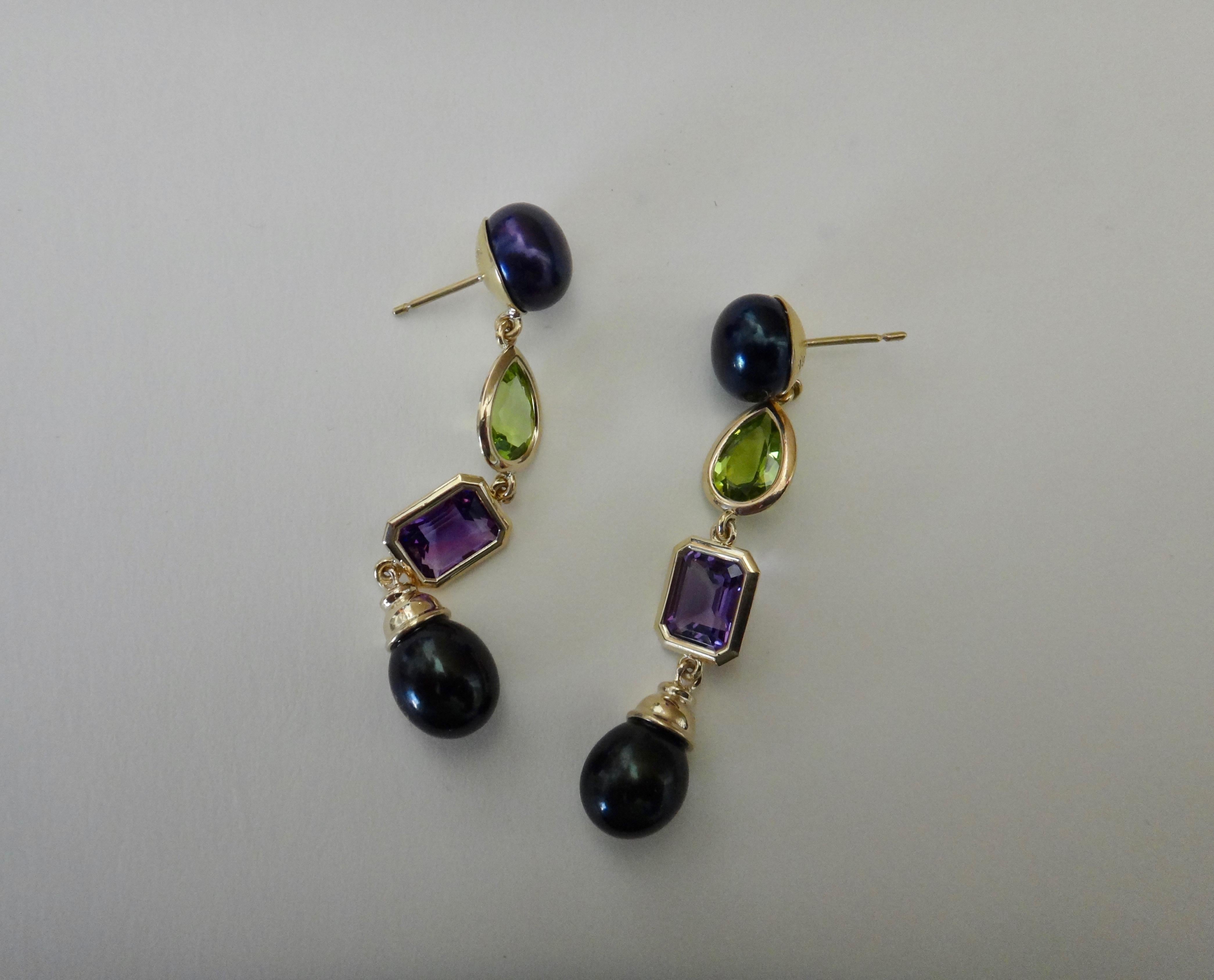 Women's Michael Kneebone Black Pearl Peridot Amethyst Dangle Earrings For Sale