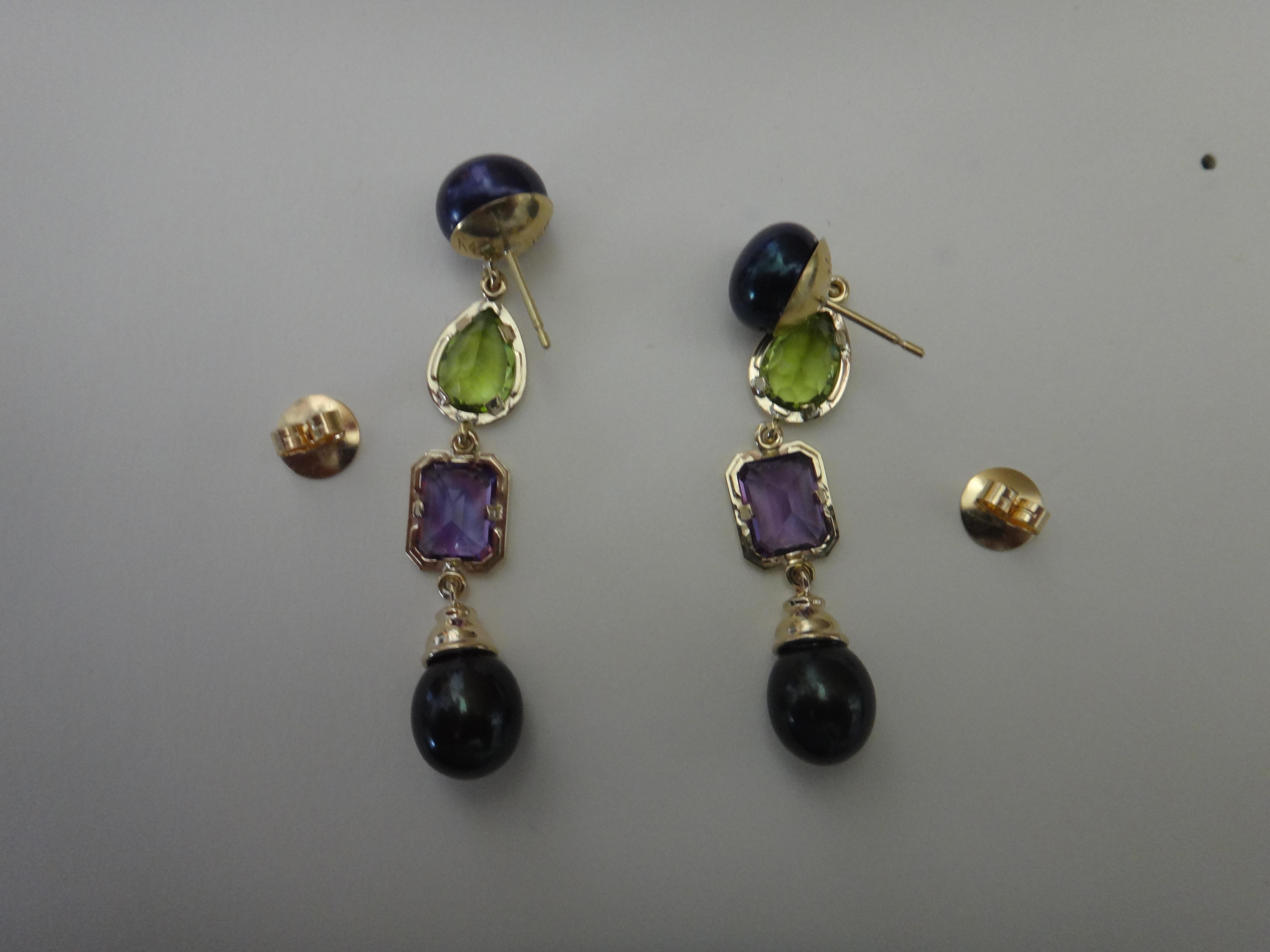 Michael Kneebone Black Pearl Peridot Amethyst Dangle Earrings For Sale 2