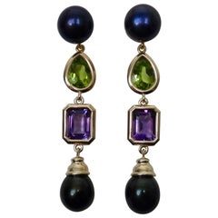Michael Kneebone Black Pearl Peridot Amethyst Dangle Earrings